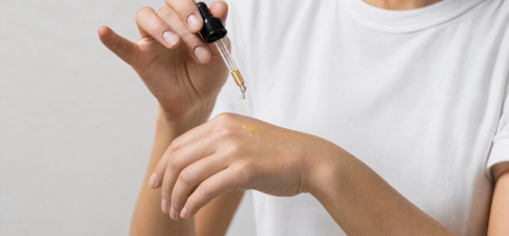 Femme appliquant une huile essentielle de palmarosa diluée sur le dos de la main avec une pipette en verre