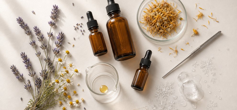 Flacons d'huiles essentielles ambres, lavande, camomille et cristaux de glace en flat lay scientifique sur fond beige clair