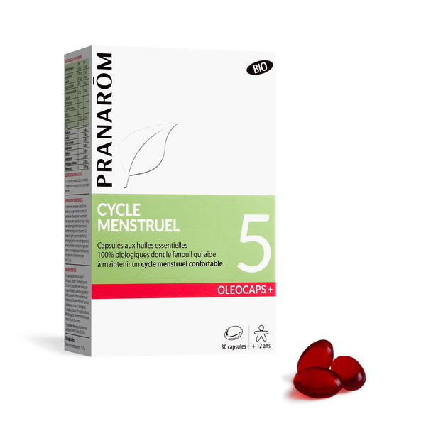 Boîte d’Oléocaps Pranarôm, capsules bio aux huiles essentielles de fenouil pour soutenir un cycle menstruel confortable.