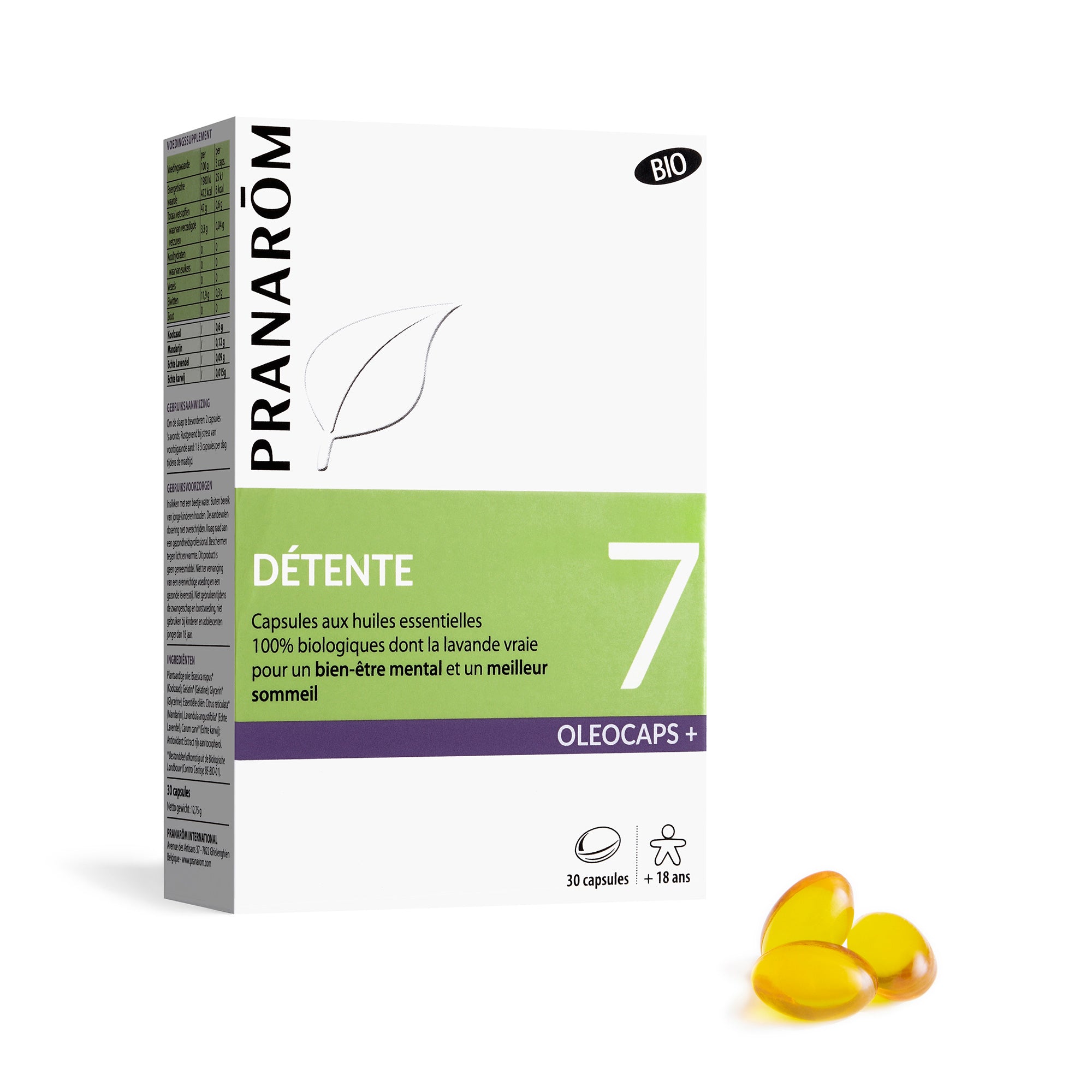 Boîte d’Oléocaps Pranarôm, capsules bio aux huiles essentielles de lavande vraie pour le bien-être mental et un meilleur sommeil.
