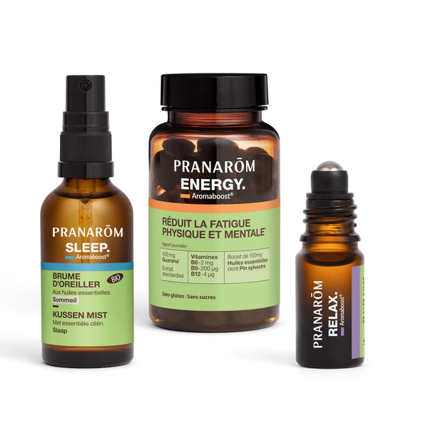 Lot de 3 produits : brume d'oreiller, compléments alimentaires pour l'énergie, roll-on pour la relaxation.