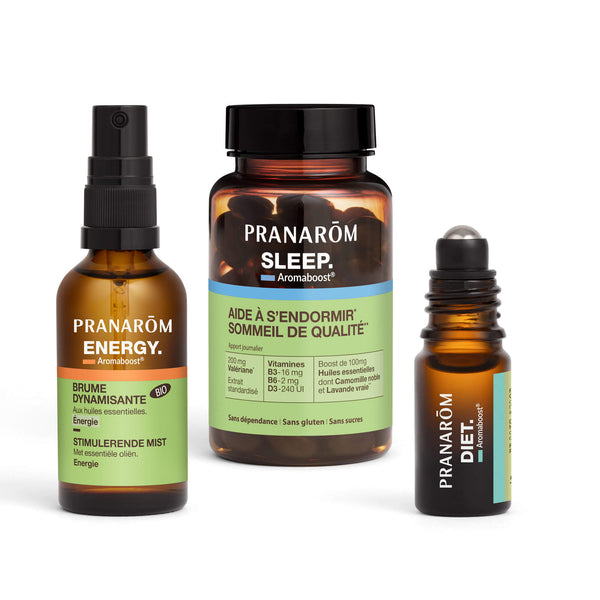 Coffret bien-être 3-en-1 : brume d’oreiller apaisante, compléments énergie, roll-on relaxant.
