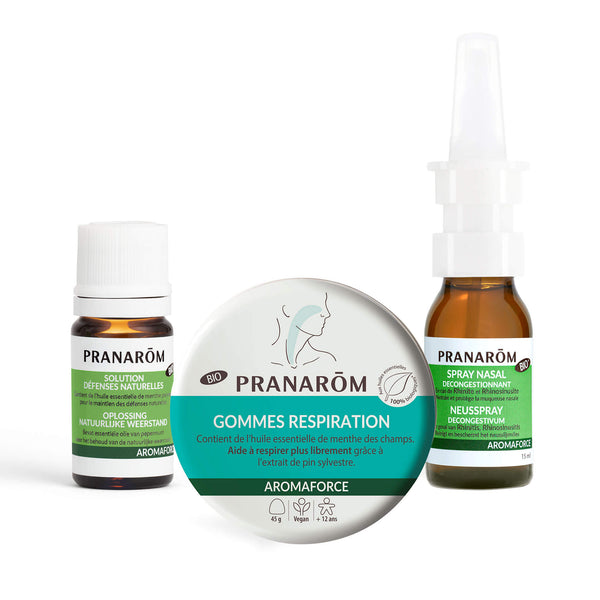Trois produits Pranarôm de la gamme Aromaforce pour la respiration et l'immunité.