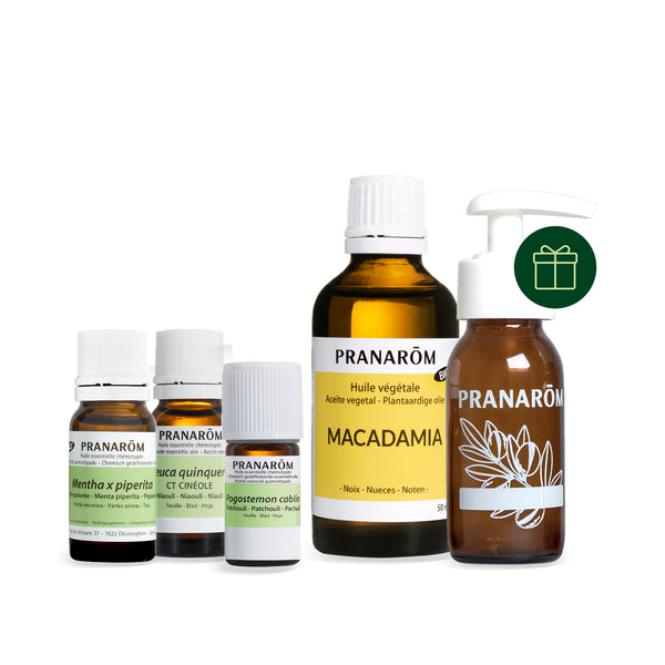 Lot d'huiles essentielles, huile végétale et flacon pour une recette anti-jambes lourdes qui favorise la bonne circulation.