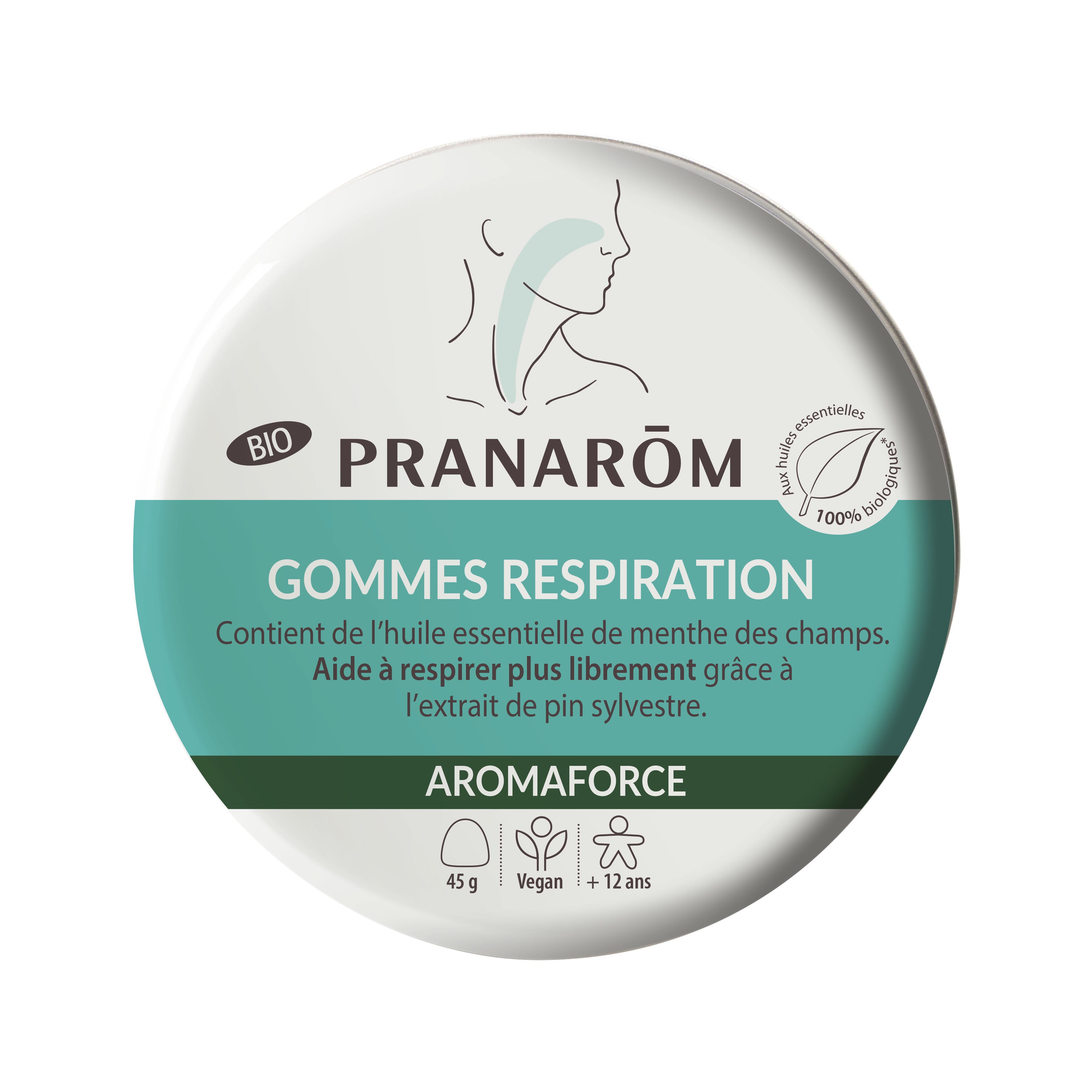 Gomme aux huiles essentielles de menthe des champs et pin sylvestre.