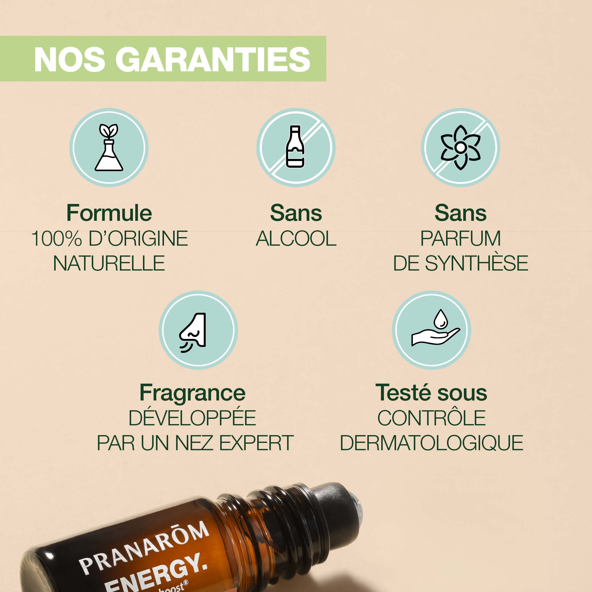 Les garanties du du roll-on Aromaboost Diet.