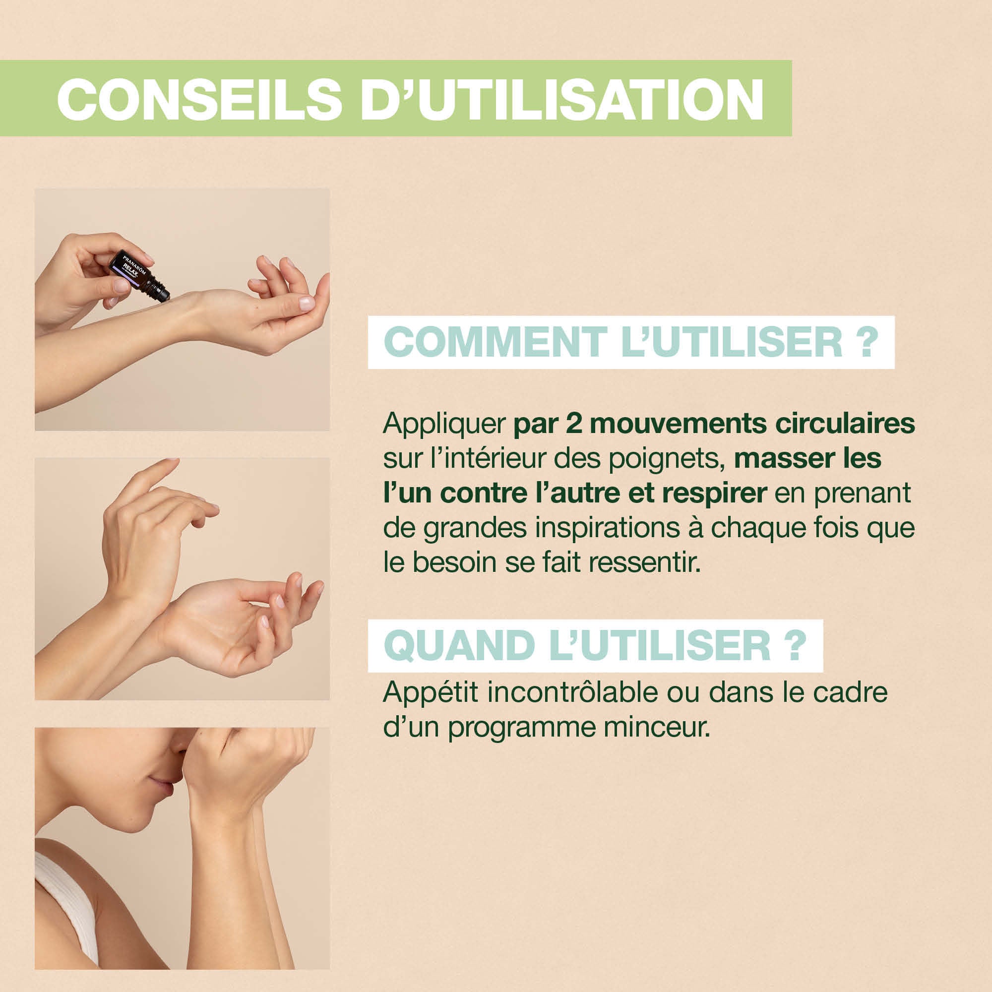 Les conseils d'utilisation du du roll-on Aromaboost Diet.