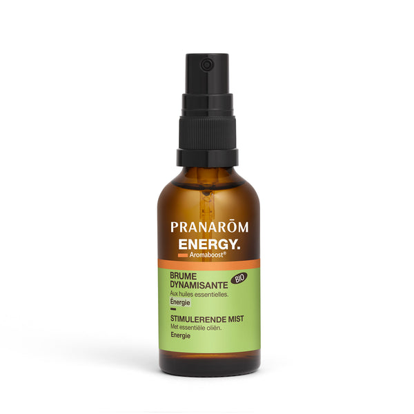 Brume dynamisante Pranarôm Energy, aux huiles essentielles bio pour un boost d’énergie et de vitalité tout au long de la journée.