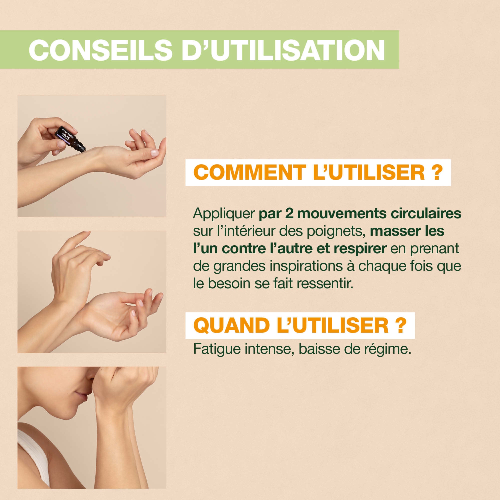 Conseils d'utilisation roll-on Pranarôm Aromaboost Energy aux huiles essentielles.