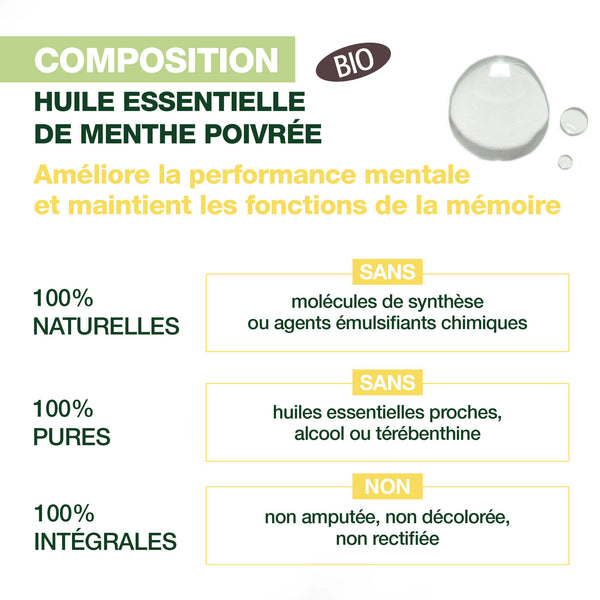 Composition de l'huile essentielle de menthe poivrée bio pour améliorer la performance mentale et maintient les fonctions de la mémoire.