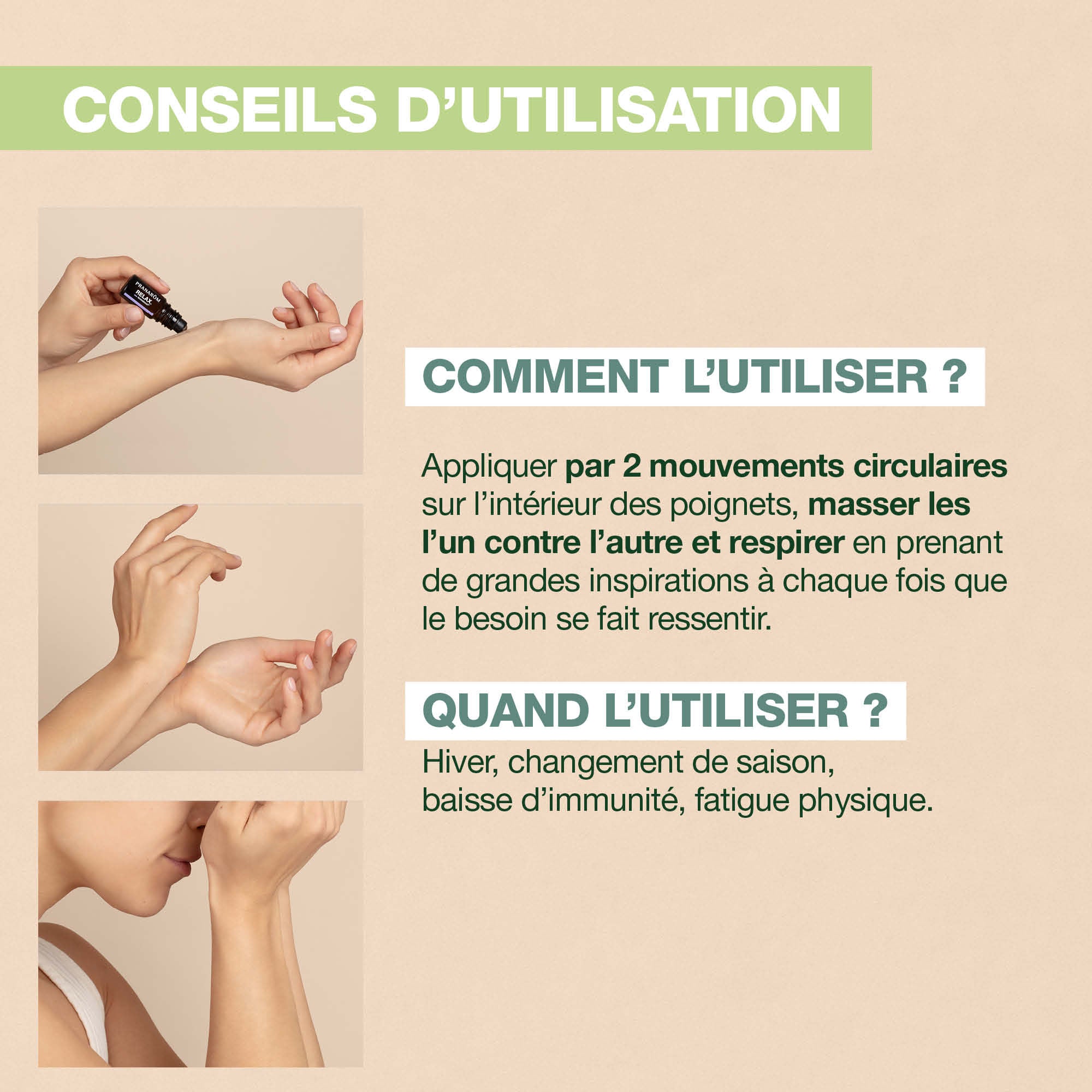 Les étapes à suivre pour utiliser le roll-on Pranarôm Aromaboost Immunity.
