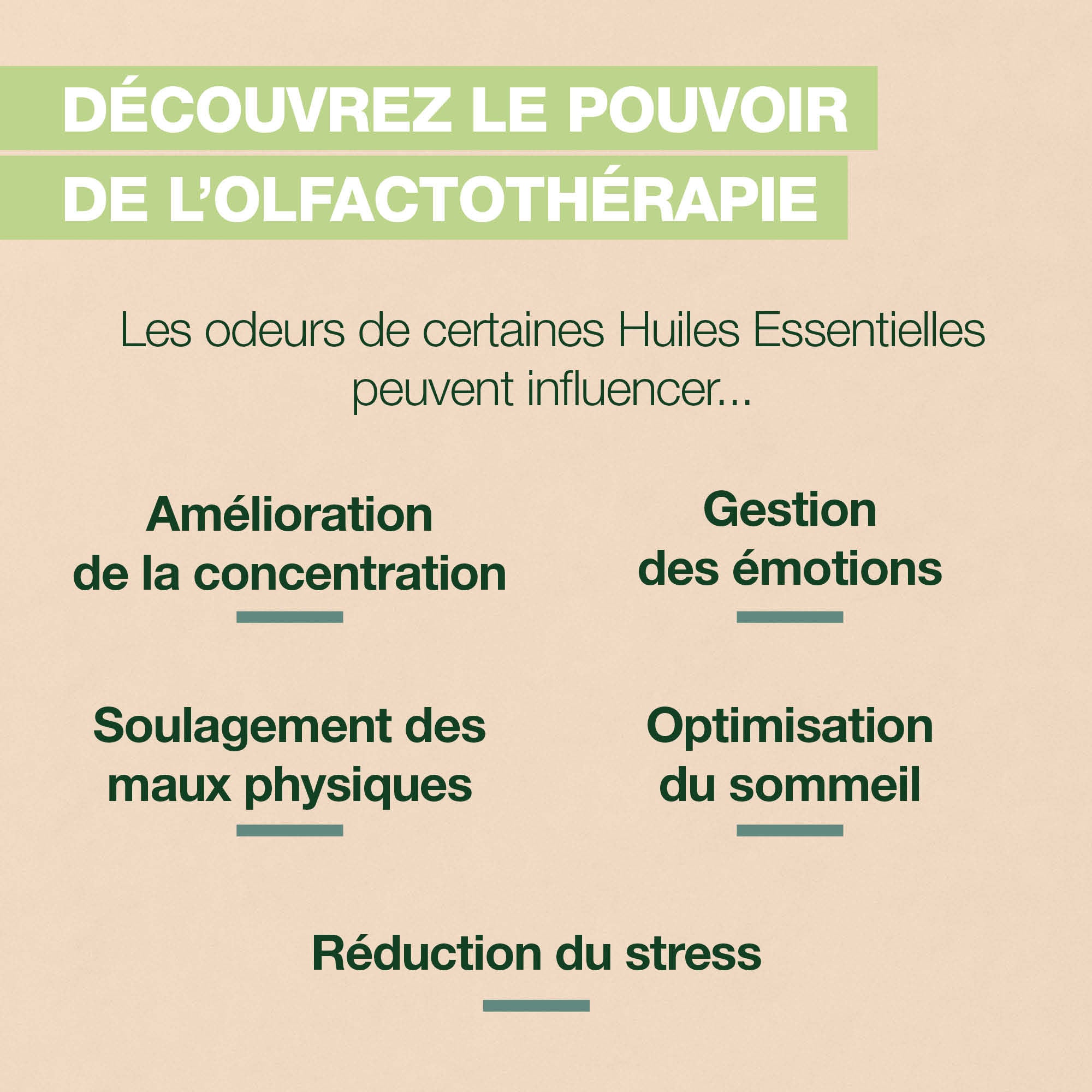 Visuel sur le pouvoir de l'olfactothérapie : concentration, gestion des émotions, des douleurs, du stress et sommeil.