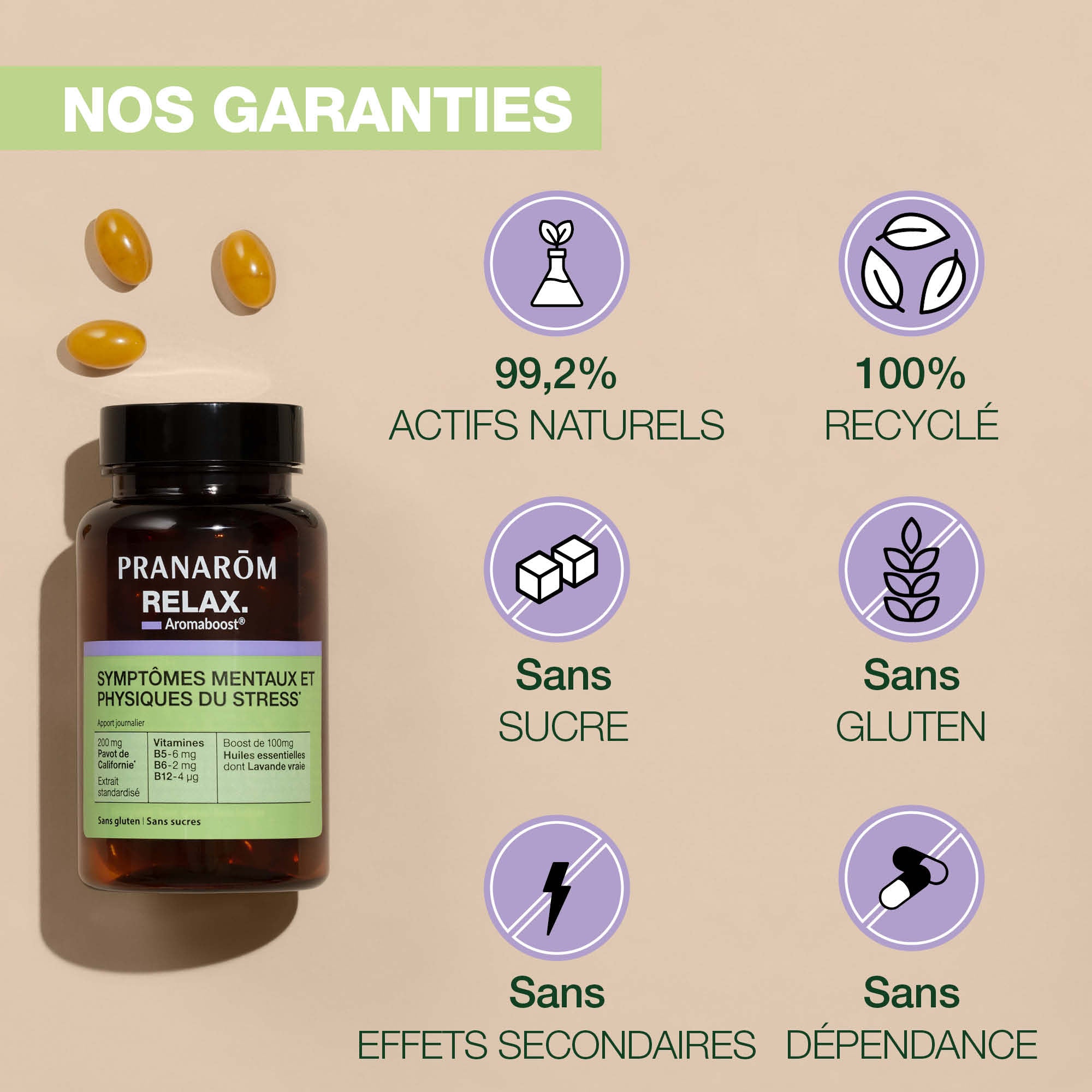 Les garanties de nos gélules Aromaboost Relax Pranarôm.