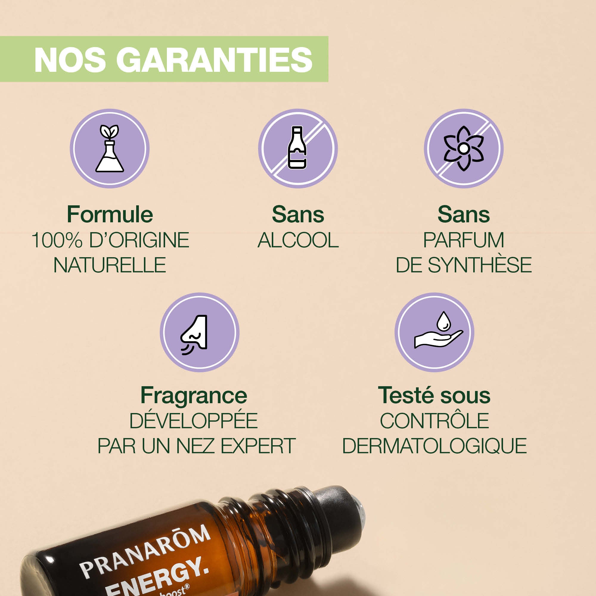 Les garanties du roller Aromaboost Relax de Pranarôm.