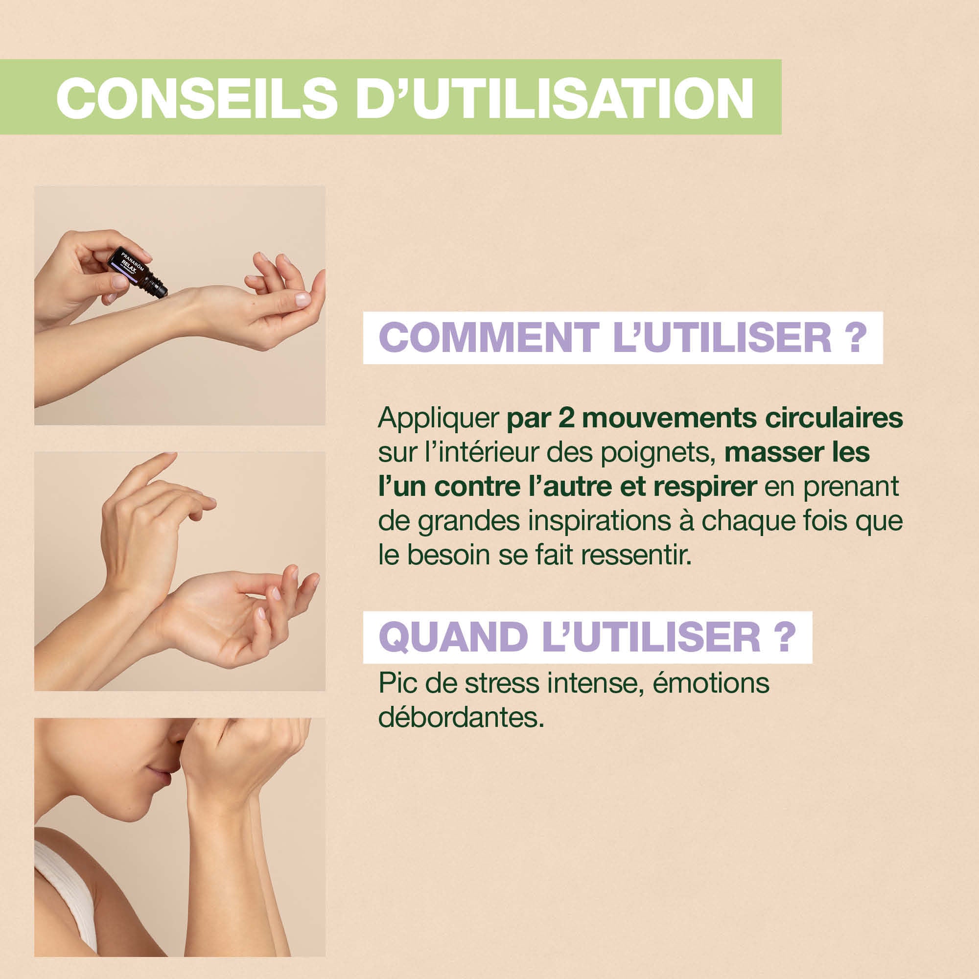 Les étapes d'utilisation du roller Aromaboost Relax de Pranarôm.