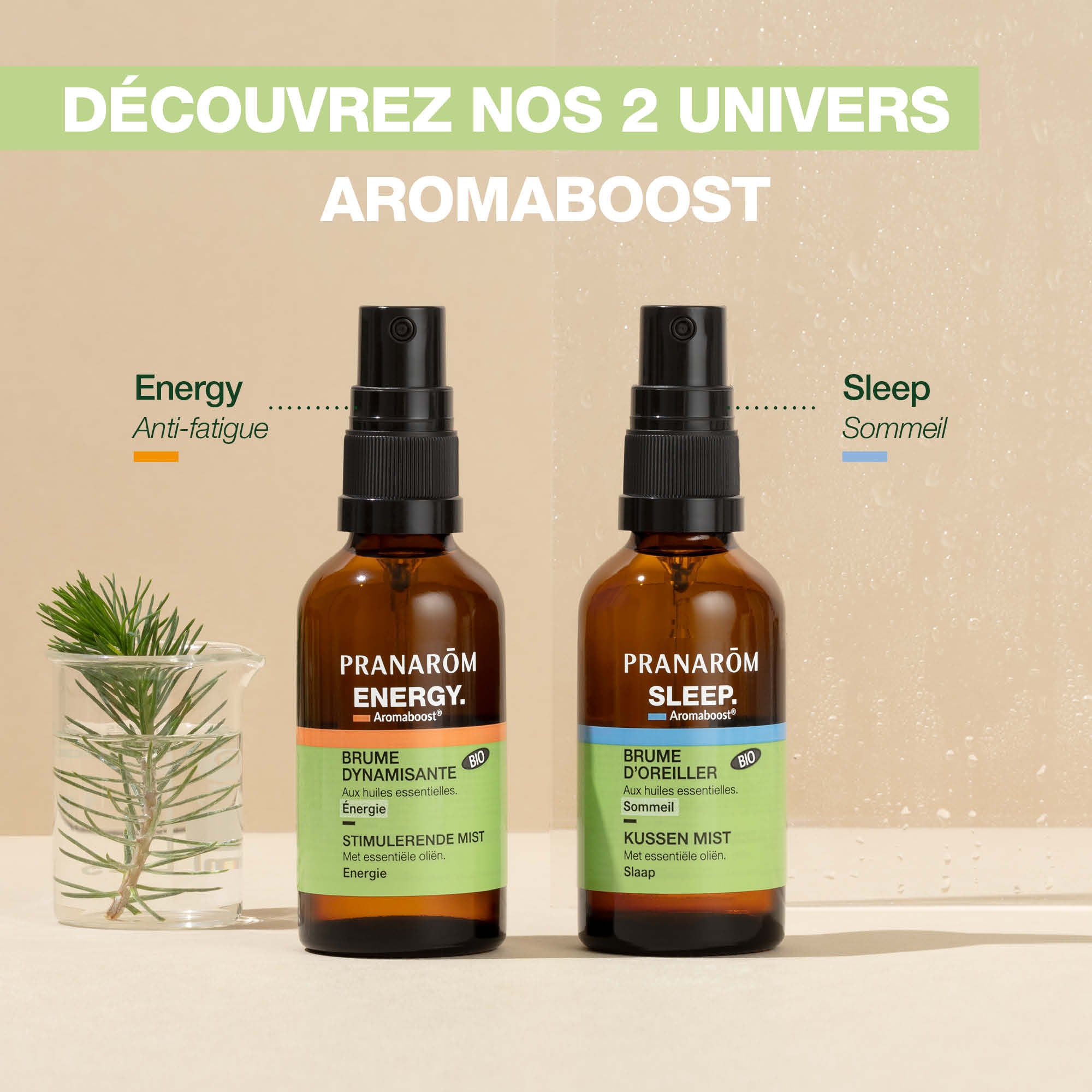 Deux brumes aux huiles essentielles Pranarôm pour favoriser le sommeil et réduire la fatigue.