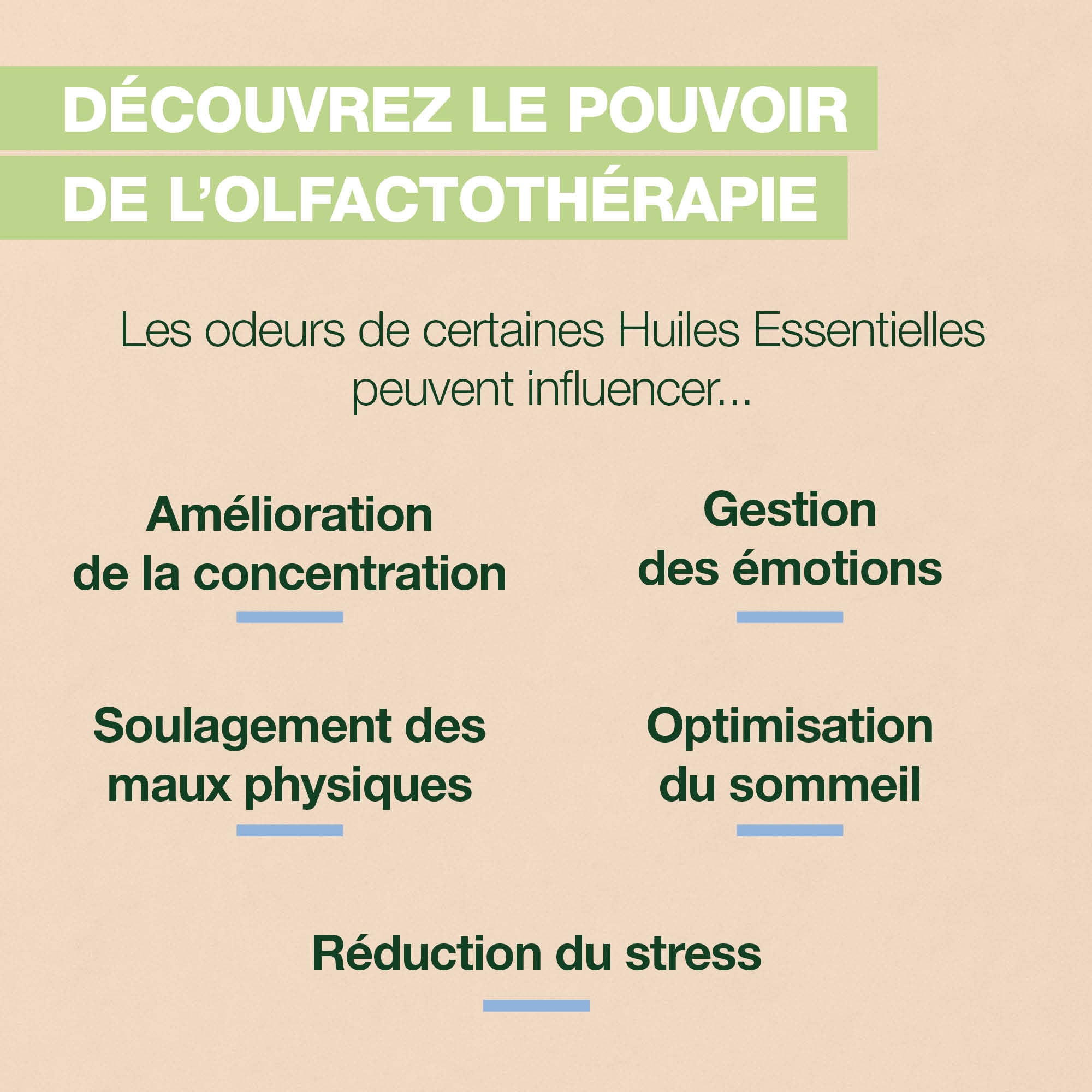 Les bienfaits de l'olfactothérapie sur : sommeil, douleurs, émotions, stress et concentration.