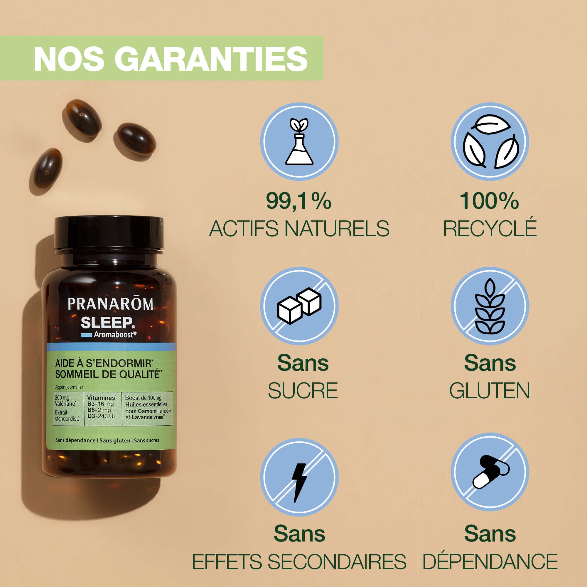 Les garanties sur les compléments alimentaires aromaboost à la valériane pour favoriser le sommeil.