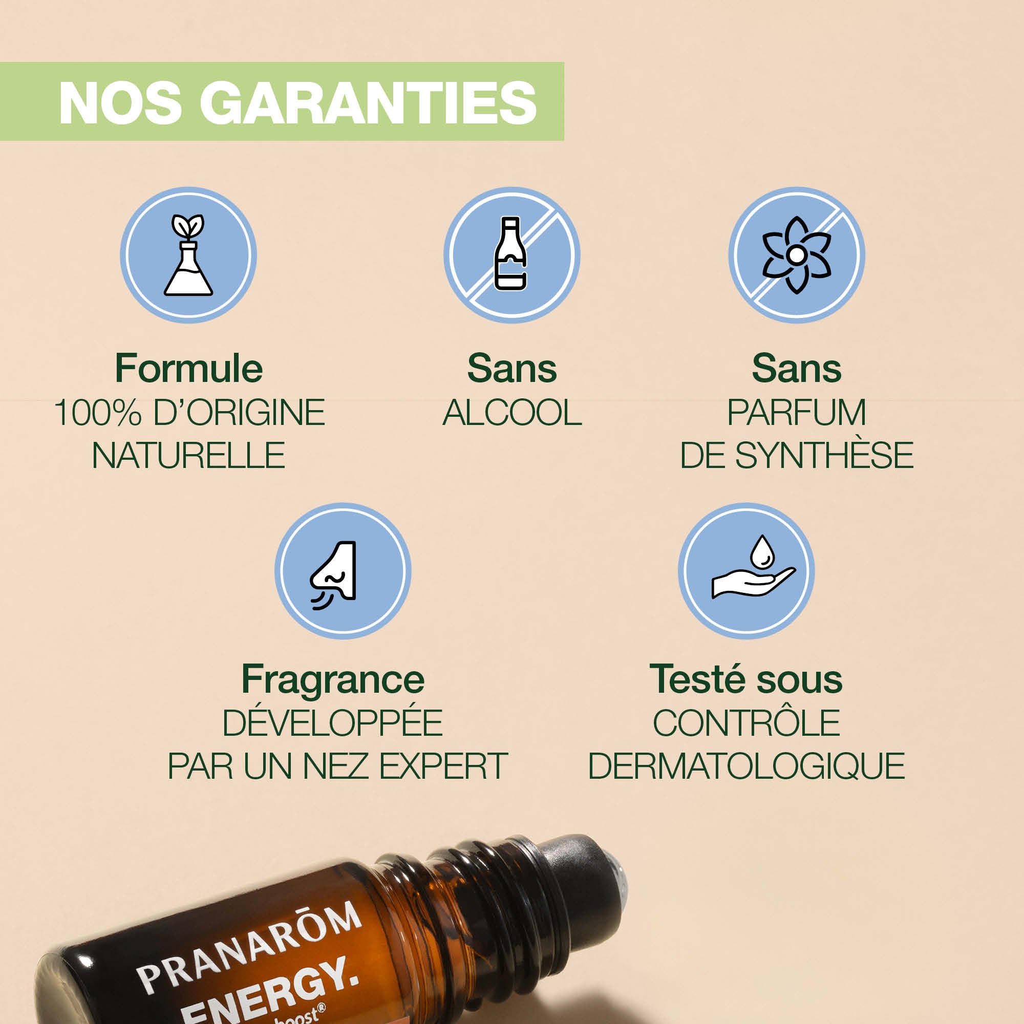 Garanties du sleep roller aromaboost pour favoriser le sommeil, sans alcool et testé dermatologiquement.