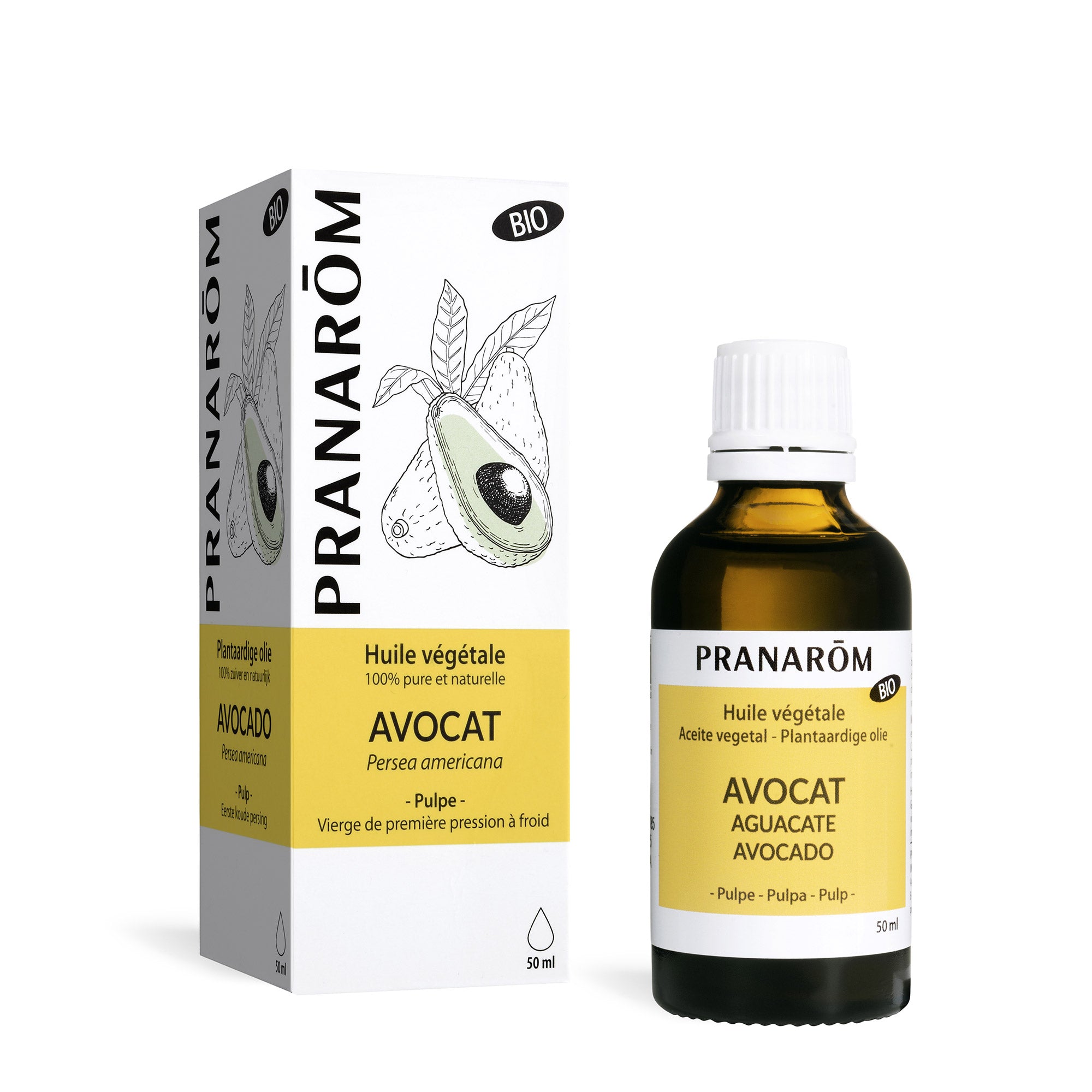 Huile végétale d'avocat 100% pure et naturelle en flacon.