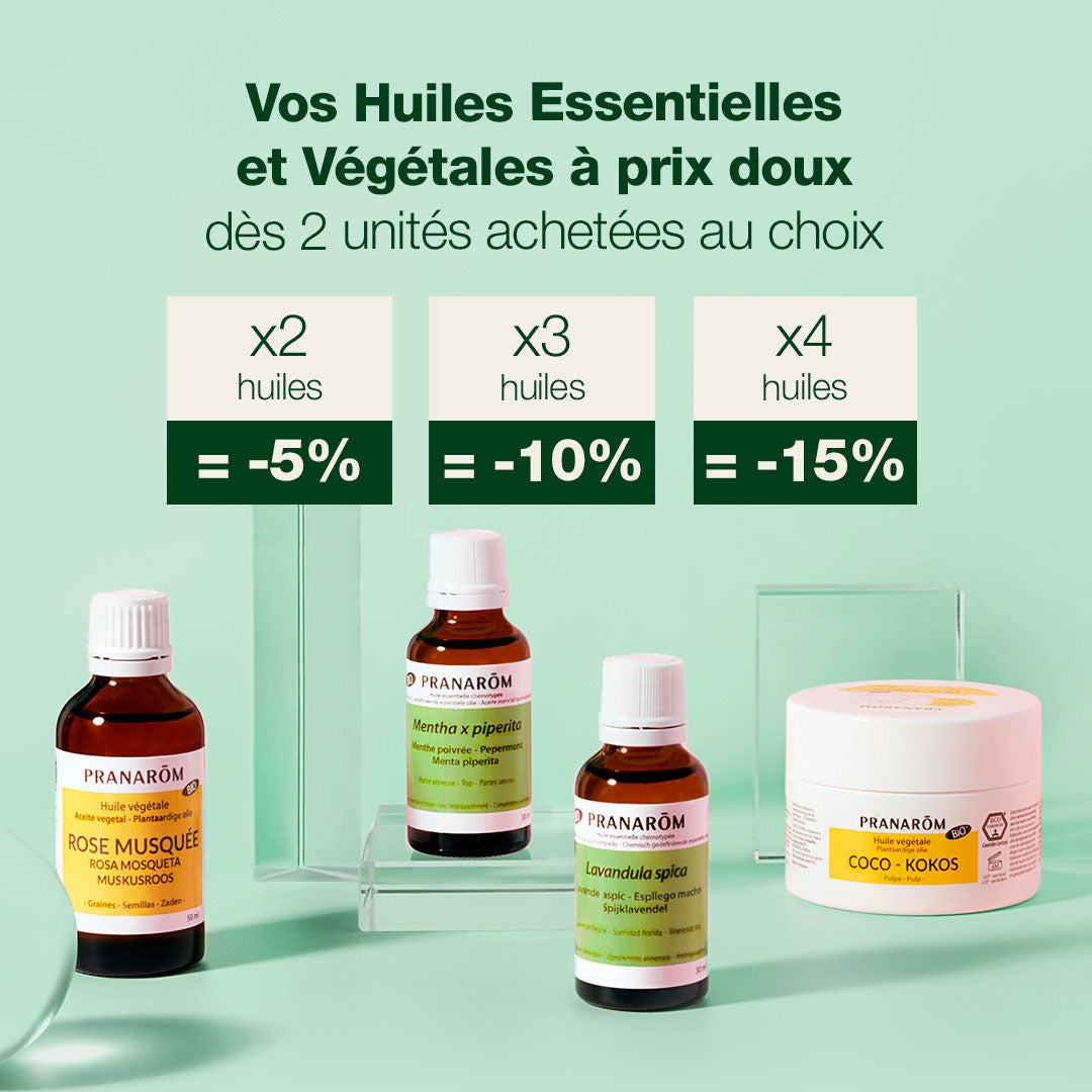 Flacons d’huiles essentielles et végétales en promotion.