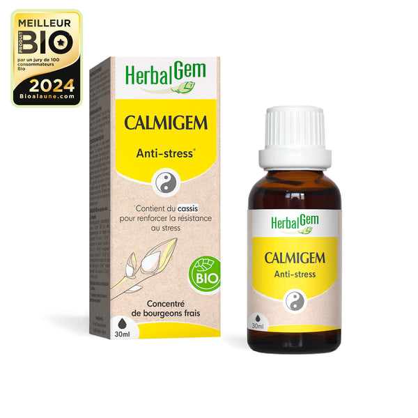 Flacon HerbalGem Calmigem Bio Anti stress de 30ml, élu Meilleur Produit Bio 2024.