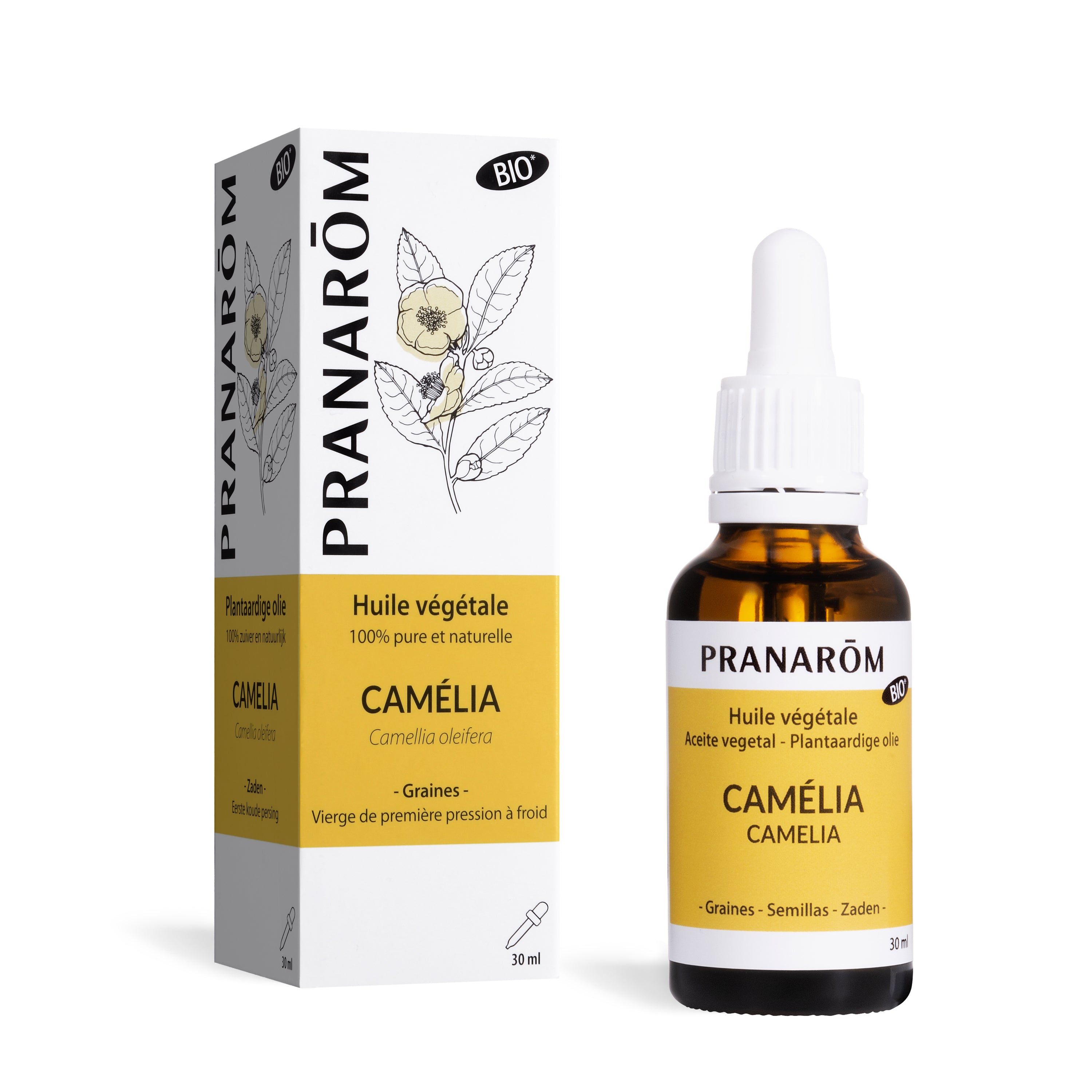 Huile végétale bio de Camélia Pranarôm 100% pure et naturelle en flacon de 30ml.