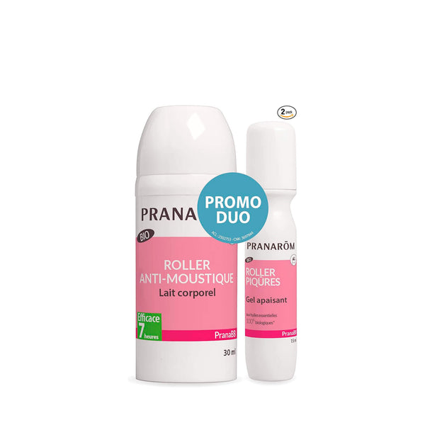 Duo de roller anti-moustique : lait corporel et gel apaisant.