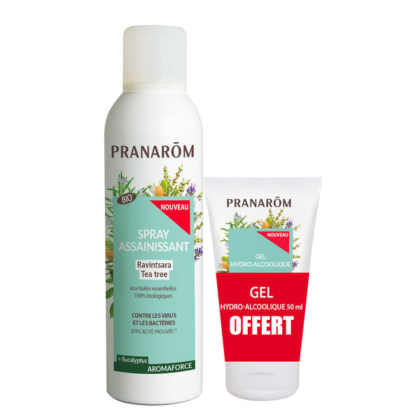 Kit Pranarôm: spray assainissant bio (virus/bactéries) et gel hydro-alcoolique offert.