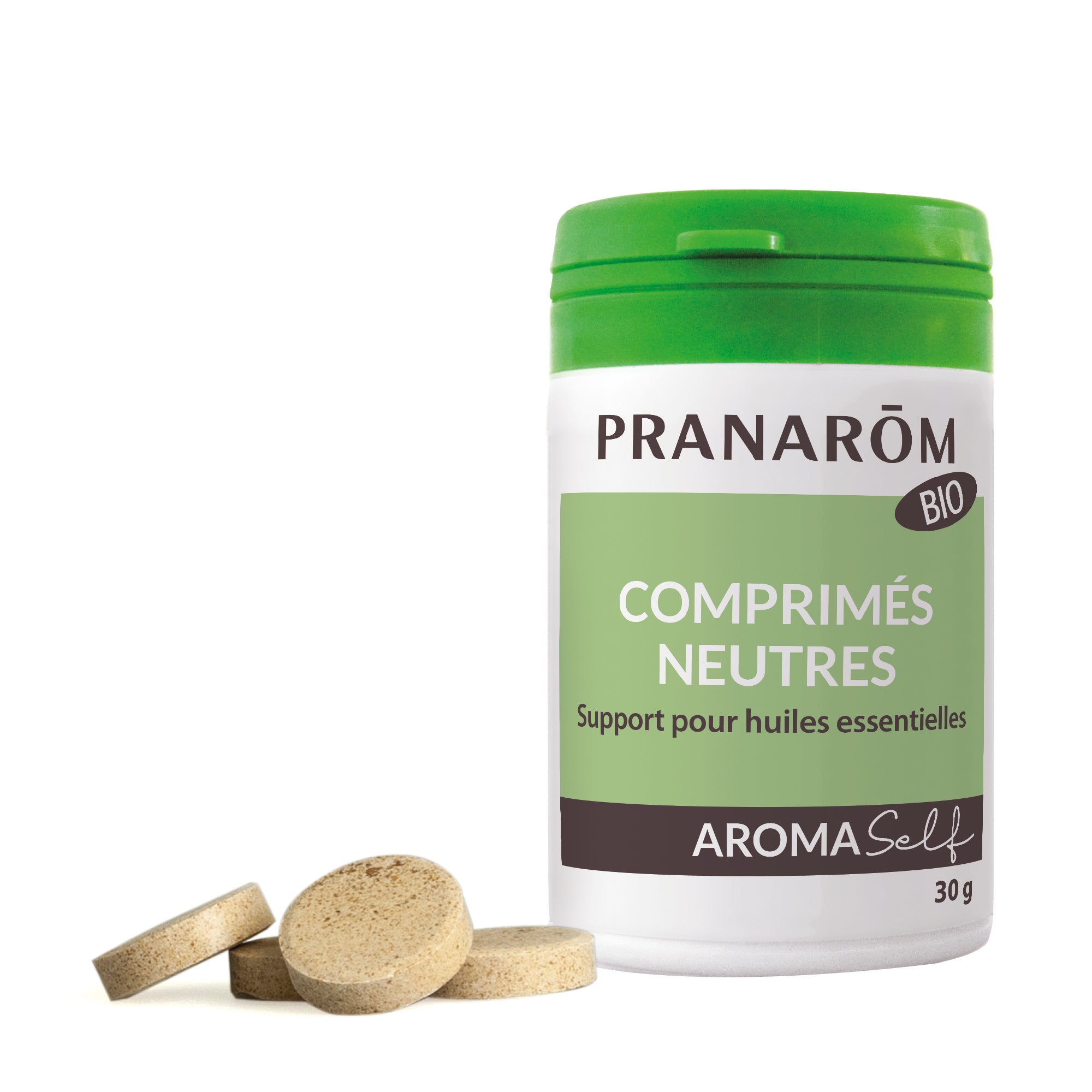 Boîte de 30g de comprimés neutres bio AromaSelf de Pranarôm.