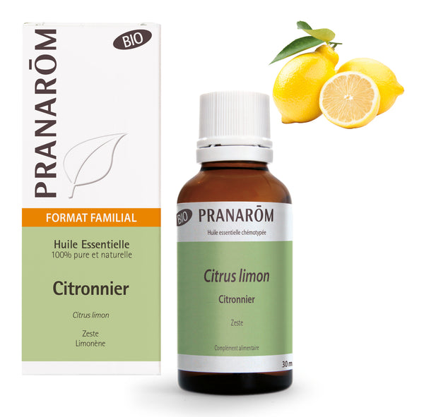 Flacon d'huile essentielle bio de citronnier en format familial de Pranarôm.