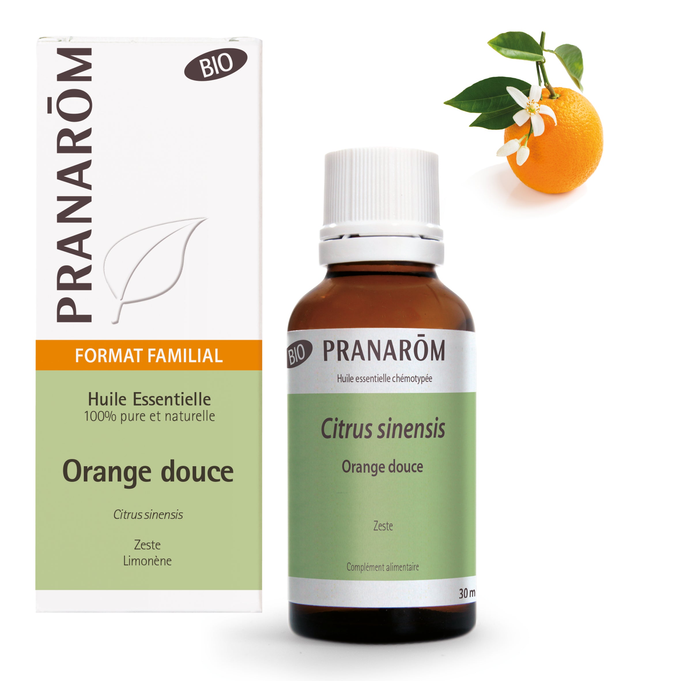Flacon d'huile essentielle bio d'orange douce en format familial (30ml) de Pranarôm.