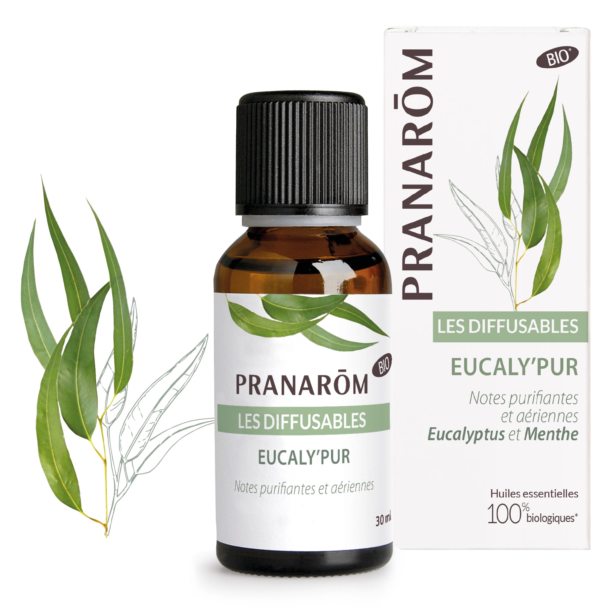 Flacon Pranarôm Eucaly’Pur 30ml, mélange d’huiles essentielles pour diffusion.