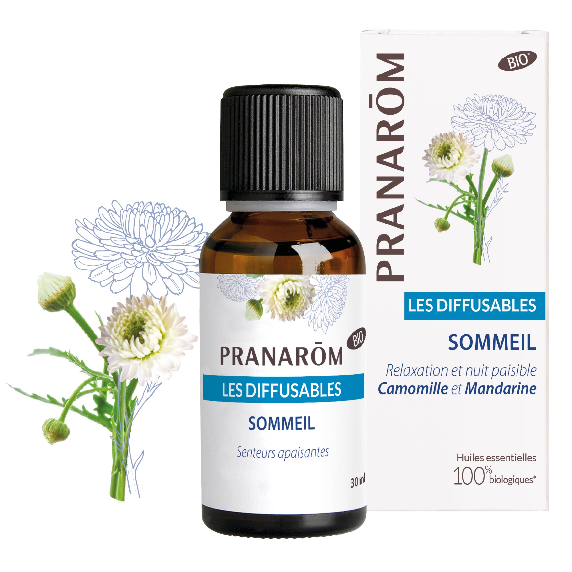 Flacon Pranarôm Sommeil 30ml, synergie bio favorisant un endormissement serein.