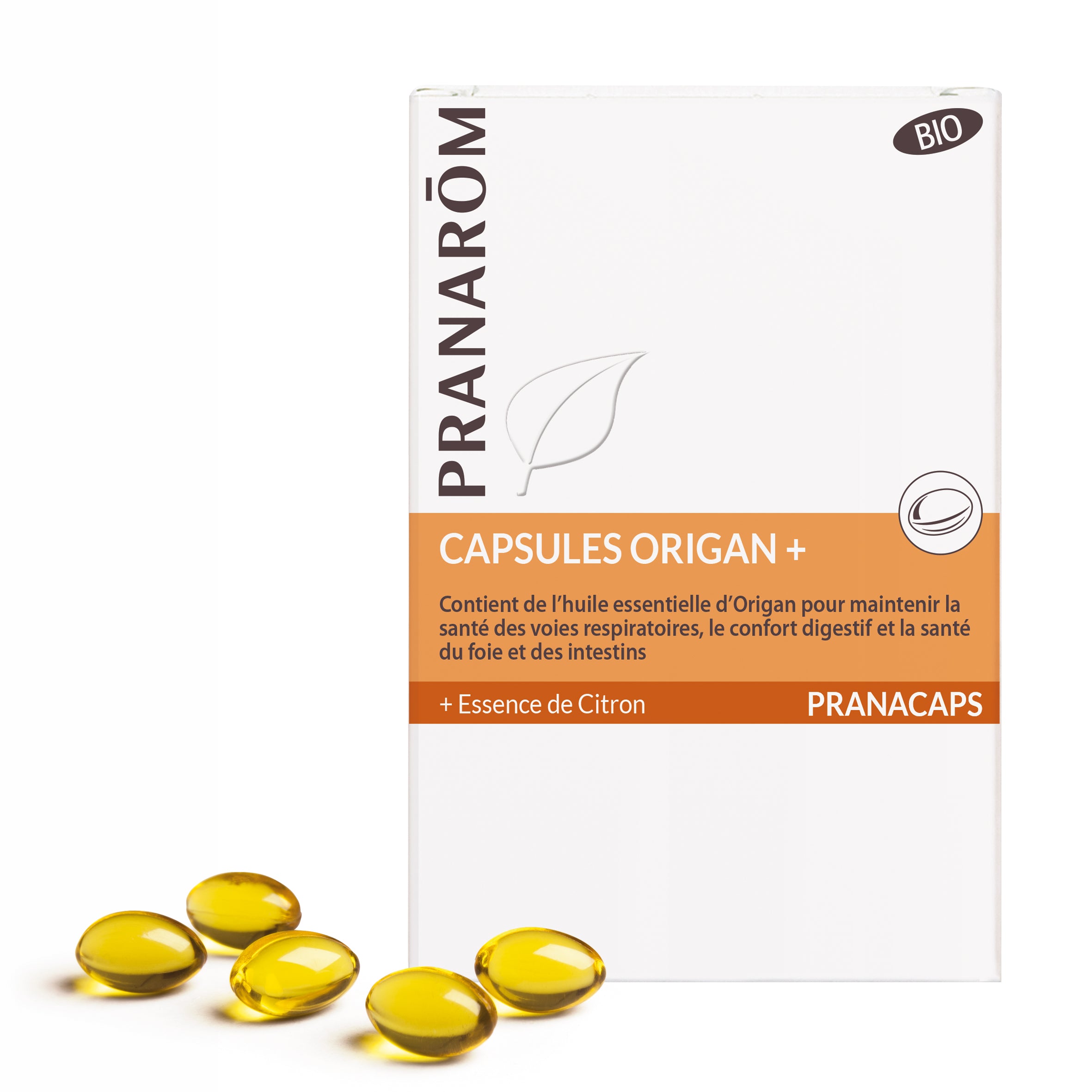Boîte de 30 capsules Pranacaps Origan+ bio Pranarôm, complément aromatique.