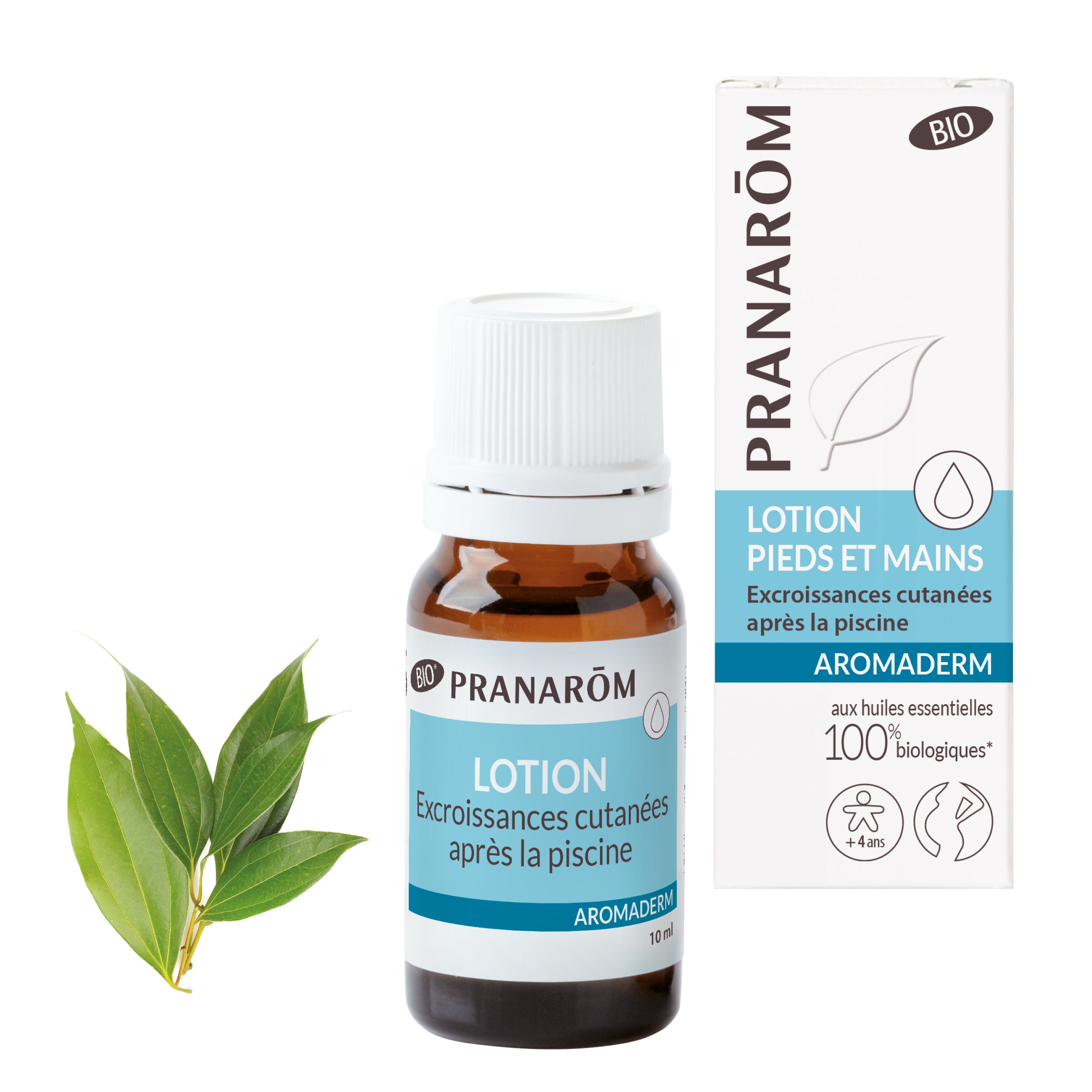 Flacon Aromaderm Pranarôm, lotion bio pour pieds et mains sensibles, 10ml.