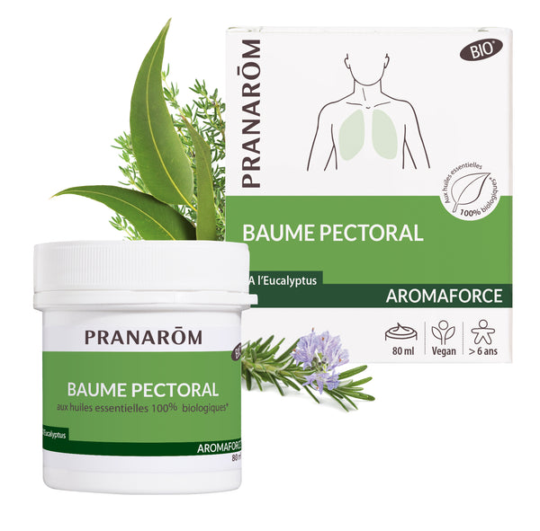 Pot de baume pectoral bio Aromaforce Pranarôm 80ml, pour le confort respiratoire.