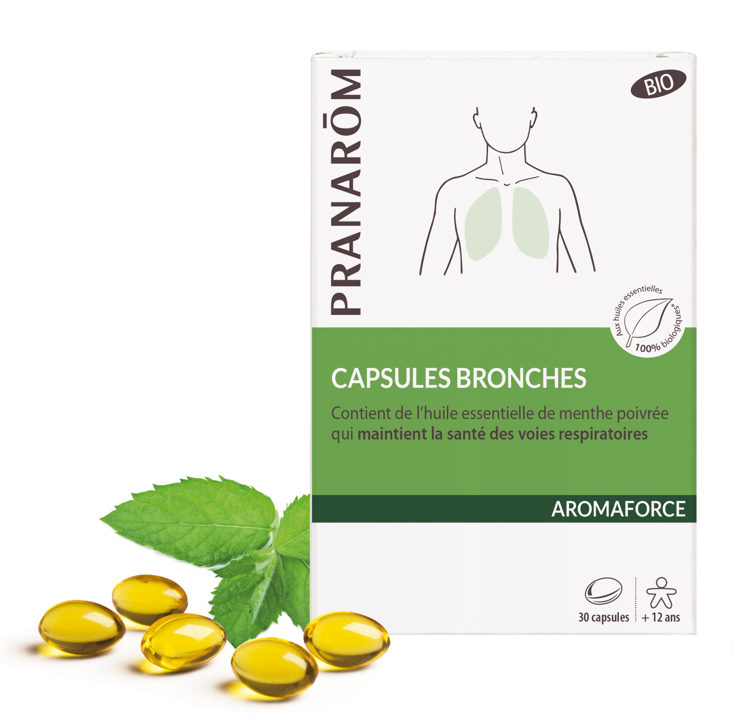 Boîte de 30 capsules Aromaforce Bronches bio Pranarôm, pour le confort respiratoire.