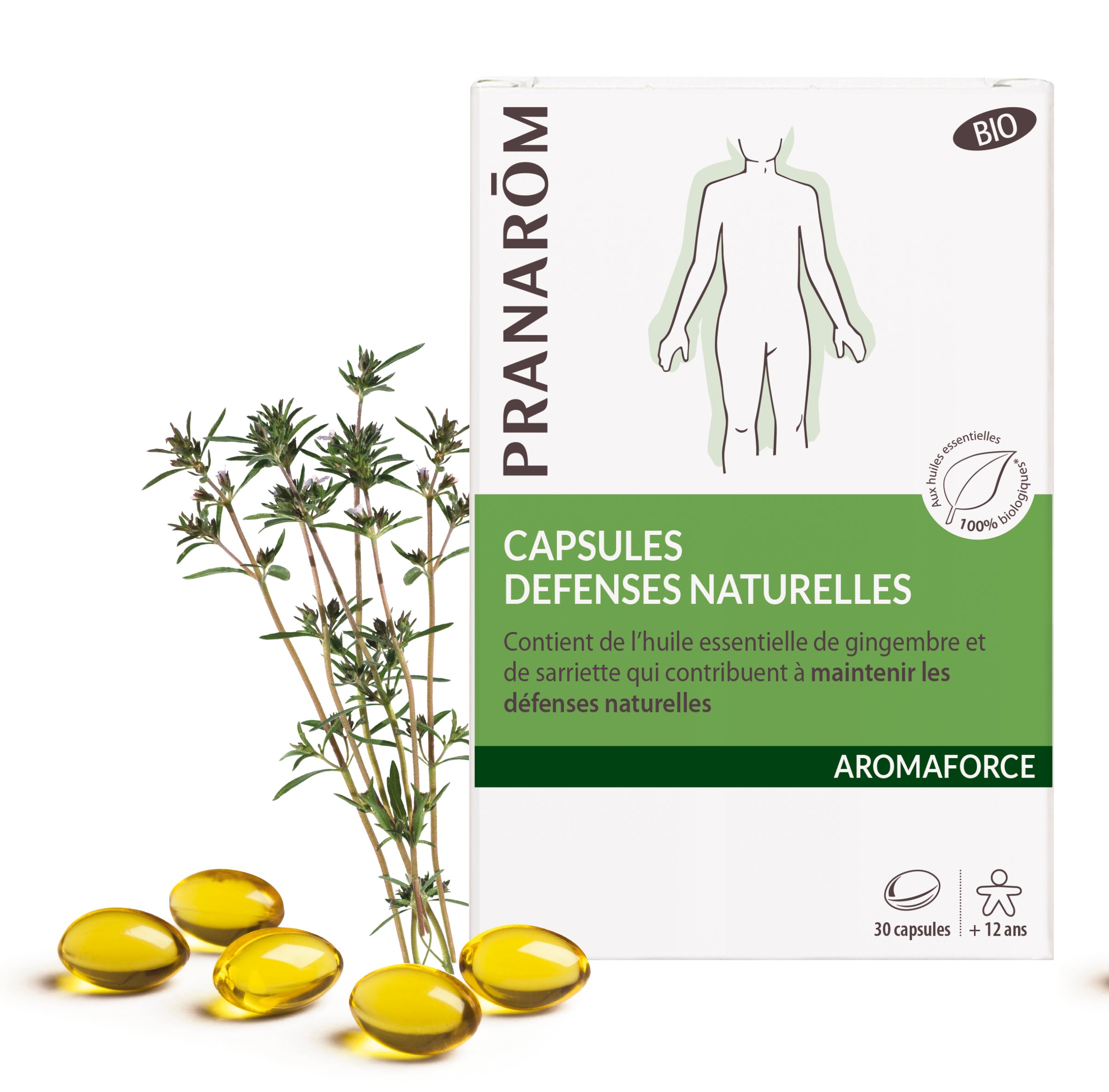 Boîte de 30 capsules Aromaforce Défenses Naturelles bio Pranarôm, soutien immunitaire.