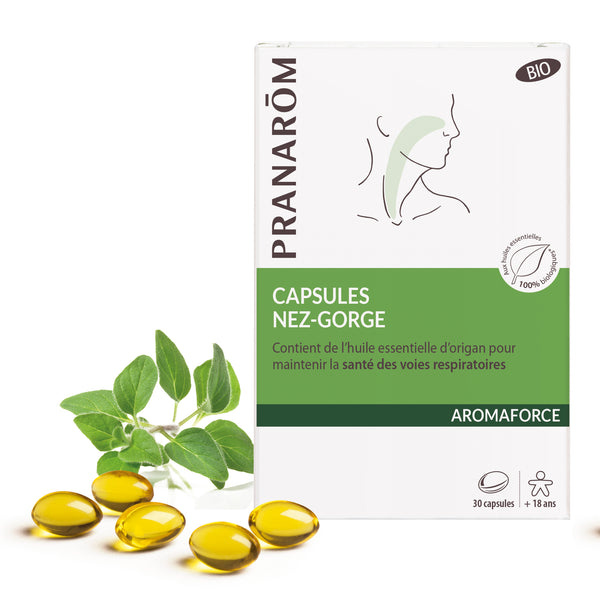 Boîte de 30 capsules Aromaforce Nez-Gorge bio Pranarôm, pour les voies respiratoires.