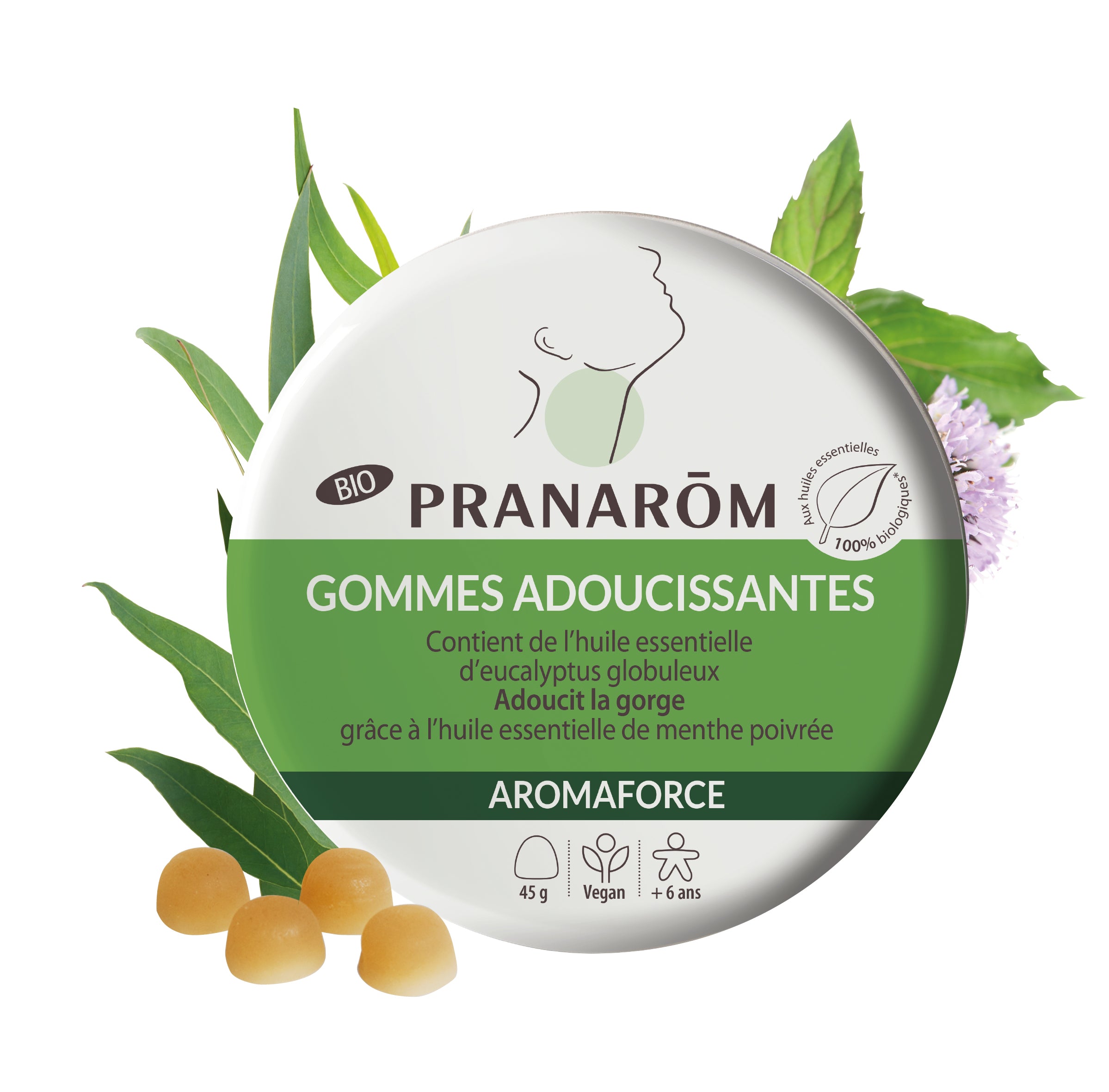 Boîte de gommes bio Aromaforce menthe eucalyptus Pranarôm, pour la gorge.