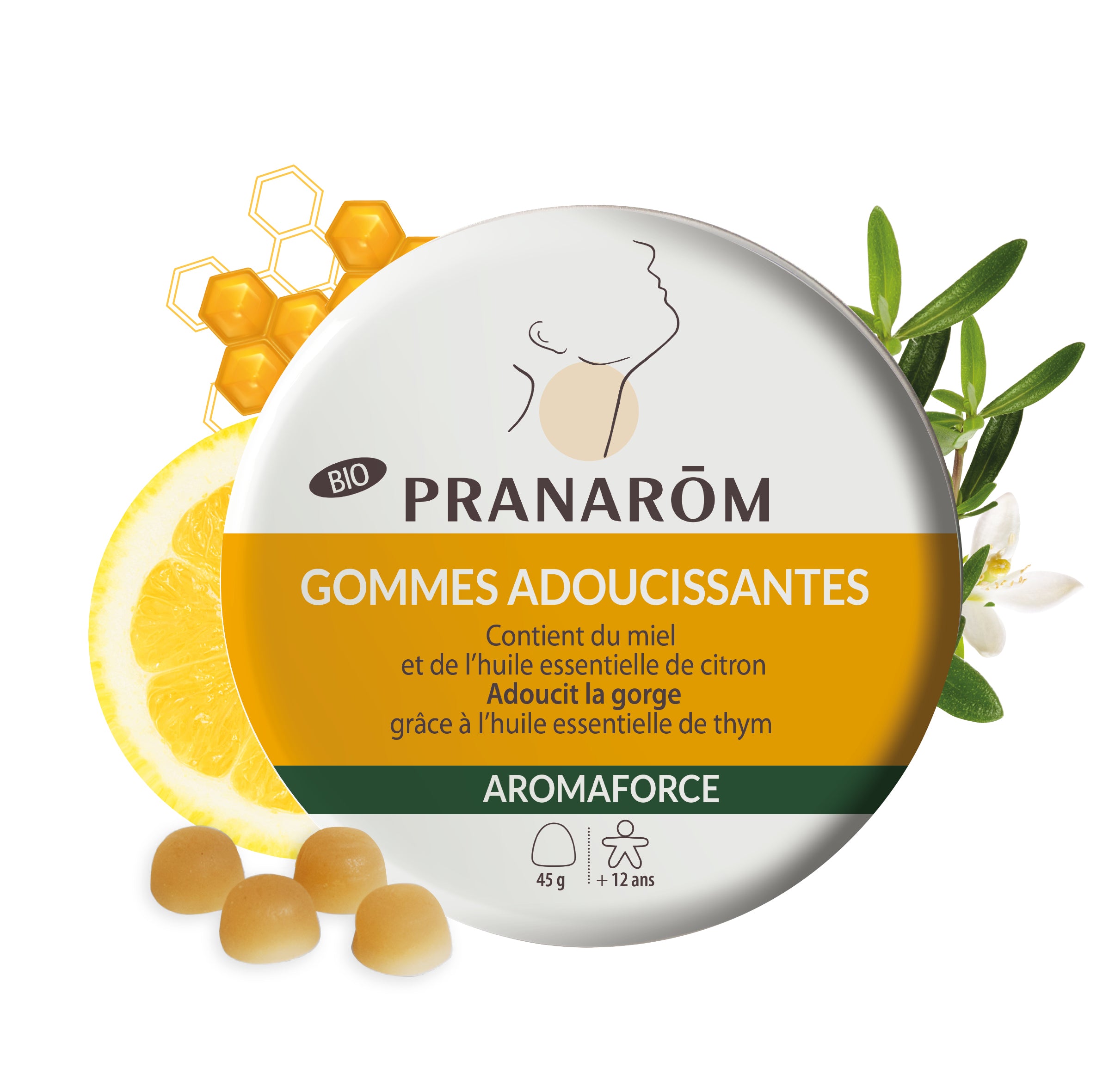 Boîte de gommes bio Aromaforce miel citron Pranarôm, pour apaiser la gorge.