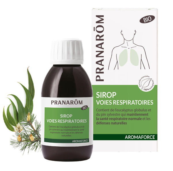 Flacon de sirop bio Aromaforce Pranarôm 150ml, pour les voies respiratoires.