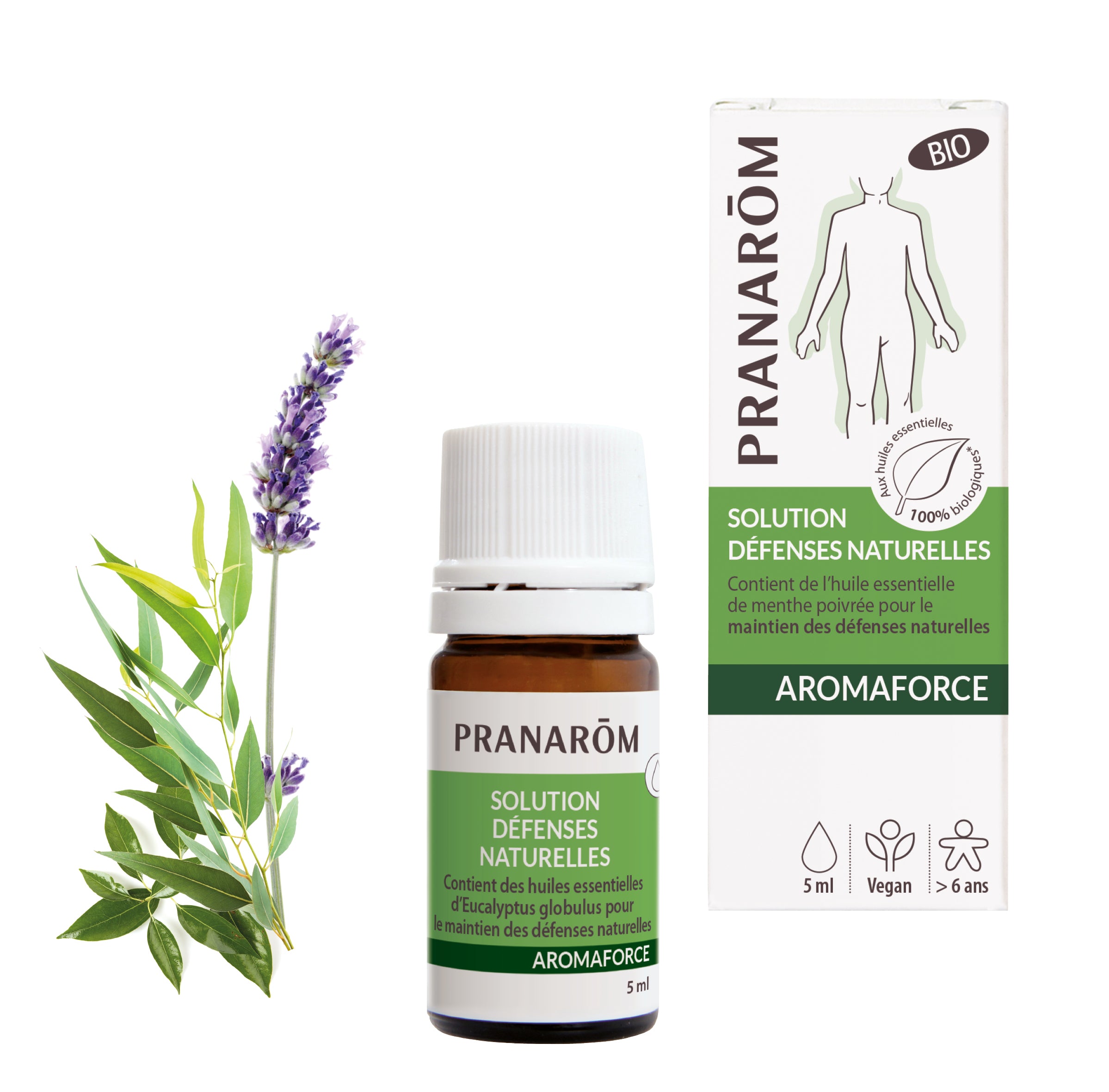 Flacon de 5ml Aromaforce Solution bio Pranarôm, synergie d’huiles essentielles à diffuser.