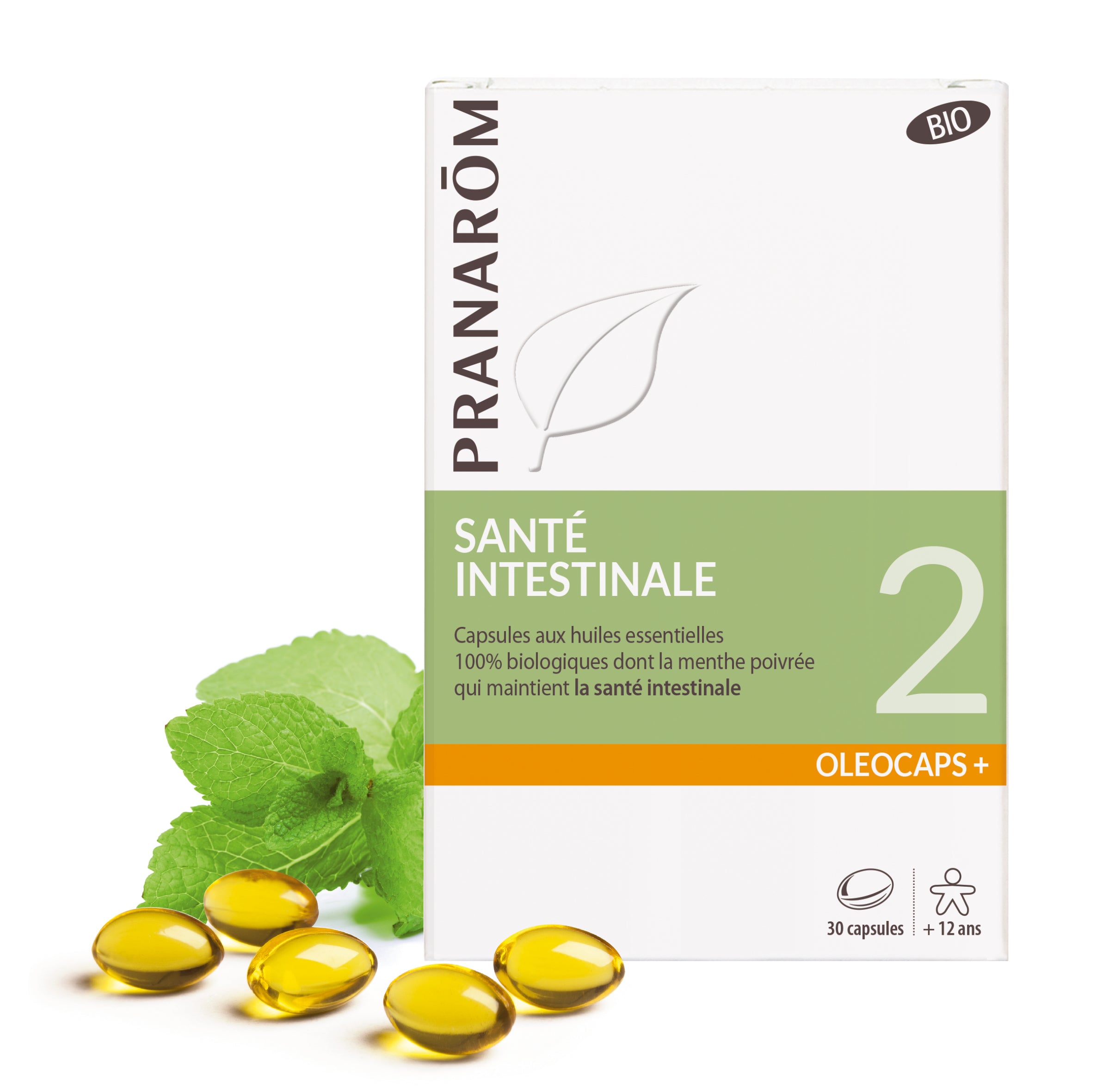 Boîte d’Oléocaps+ 2 Pranarôm, capsules pour la santé intestinale.