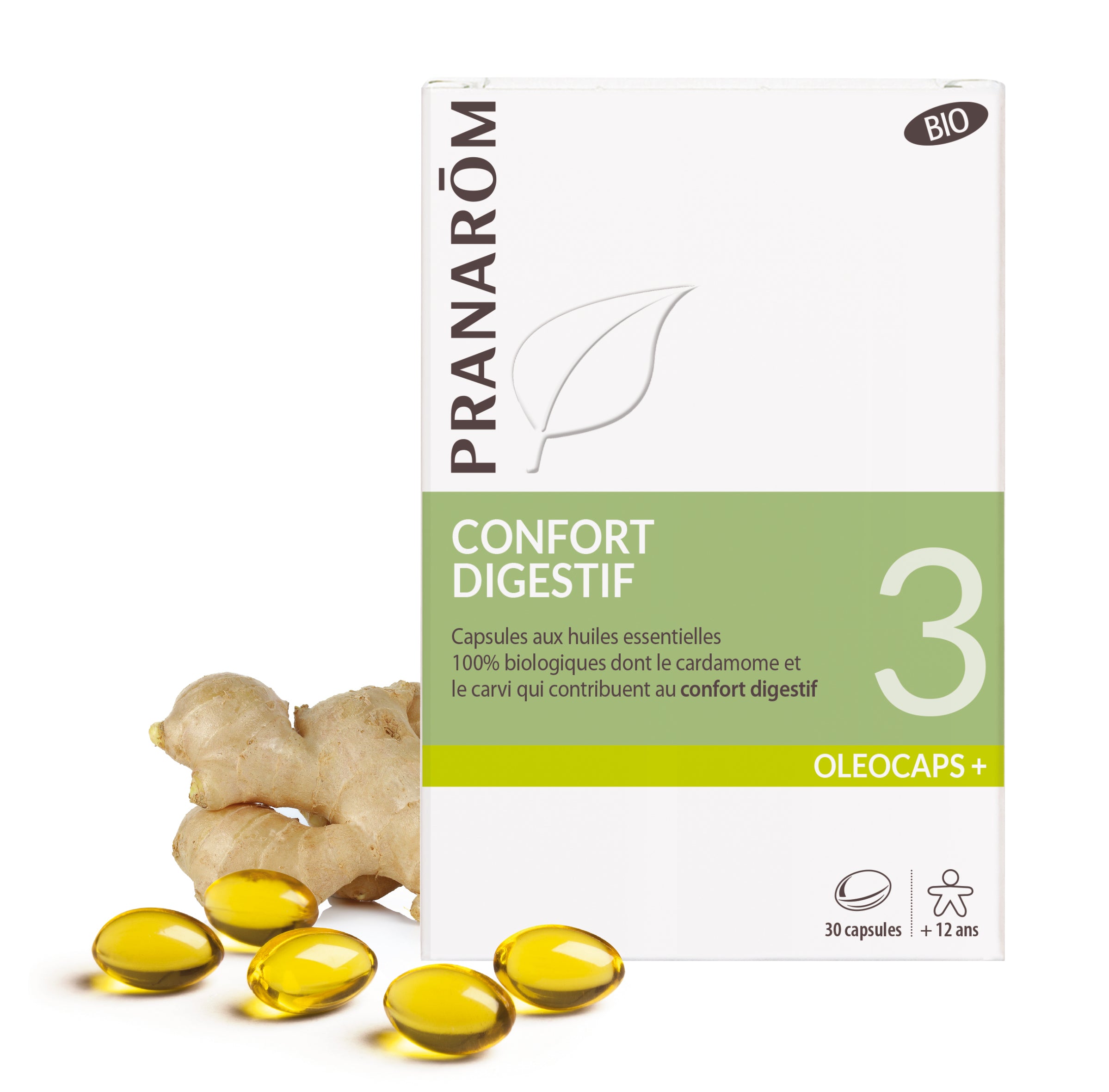 Boîte d’Oléocaps+ 3 Pranarôm, capsules pour le confort digestif.