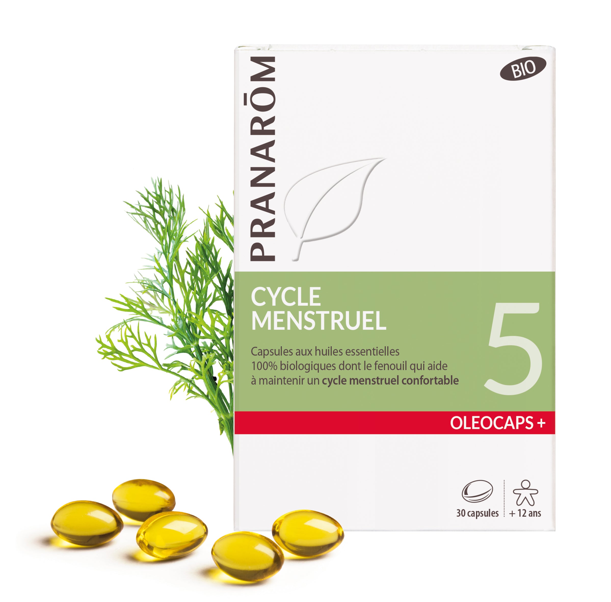 Boîte d’Oléocaps+ 5 Pranarôm, capsules pour le confort du cycle menstruel.