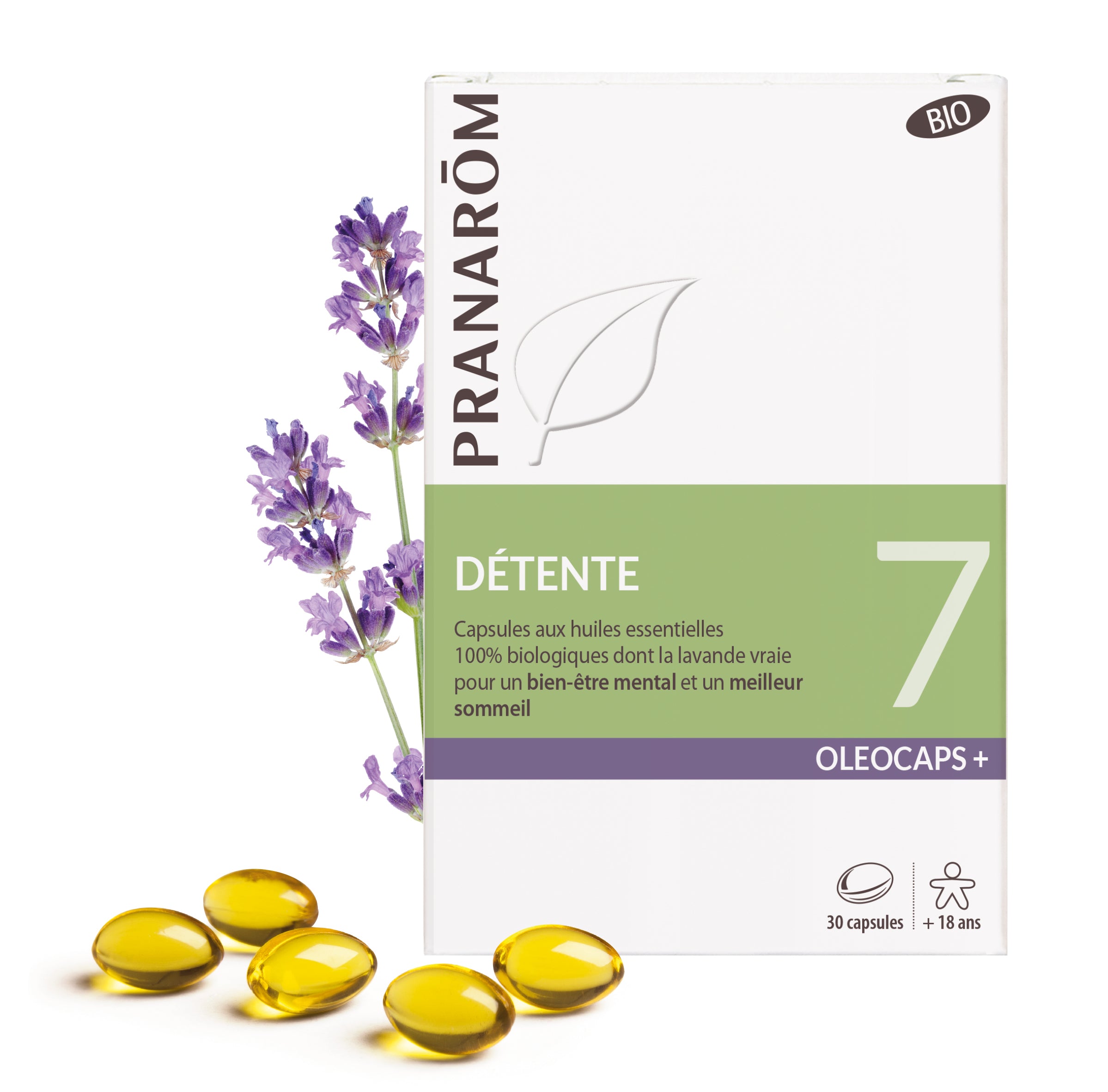 Boîte d’Oléocaps+ 7 Pranarôm, capsules pour la détente et le bien-être.