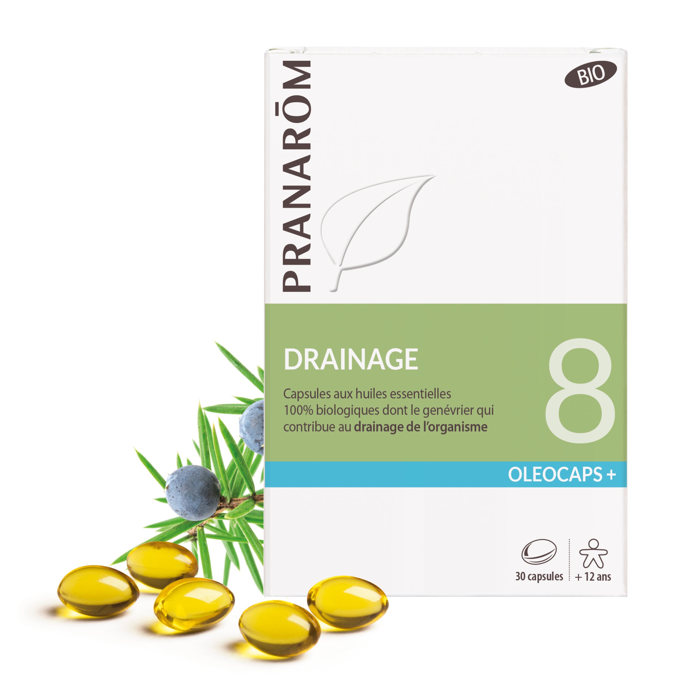 Boîte d’Oléocaps+ 8 Pranarôm, capsules pour le drainage et l’élimination.