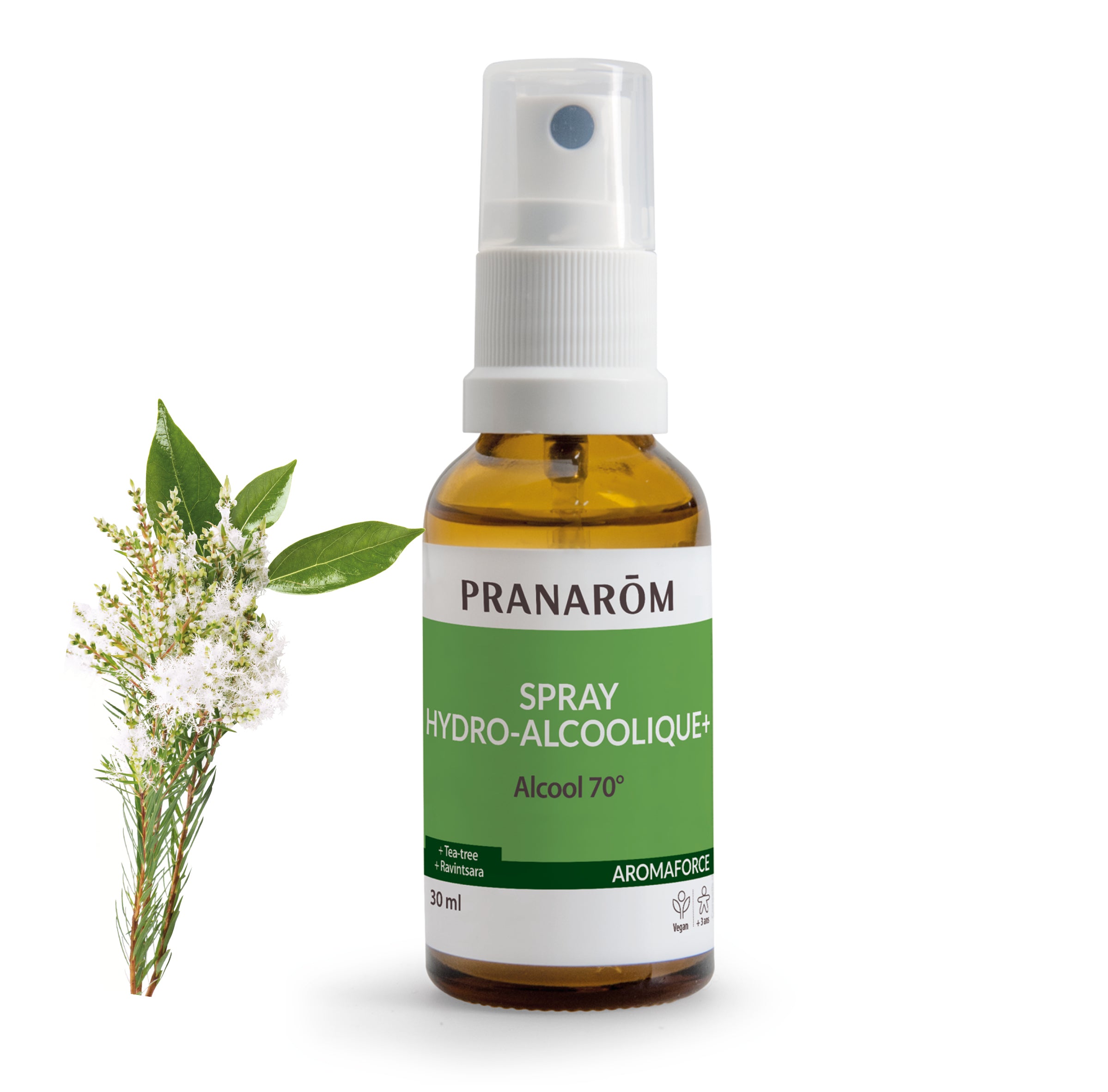 Spray hydro-alcoolique Aromaforce Pranarôm, hygiène des mains sans rinçage.